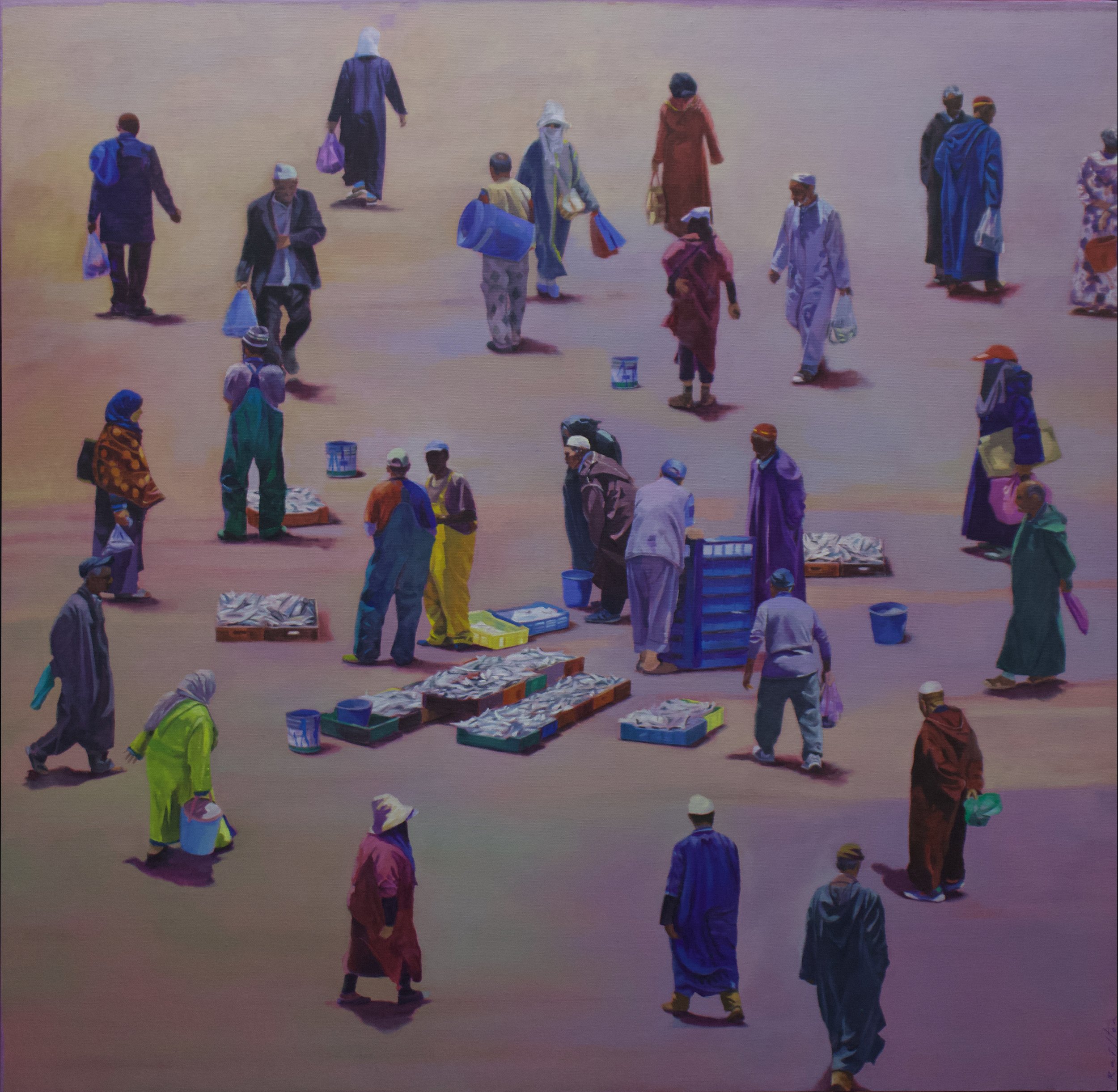 A group of people, some wearing traditional clothing and hats, walking across a sandy or dusty open area with no visible structures or natural features.
