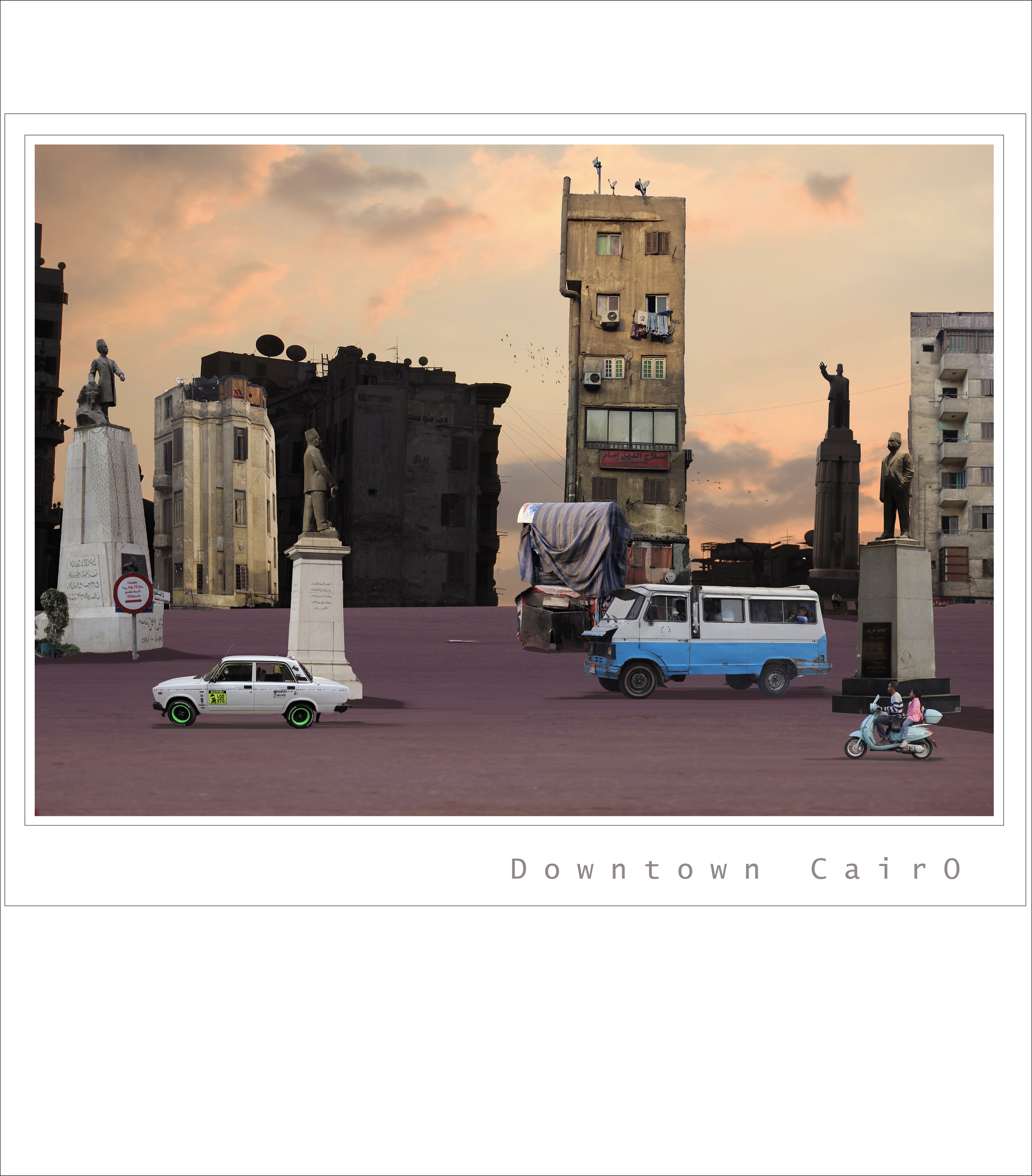 A city square at sunset with several statues, a mix of old and new buildings, and vehicles including a white car, a blue van, and a scooter carrying two people. The sky is cloudy with pink and orange hues and the text overlay reads 'Downtown Cairo'.