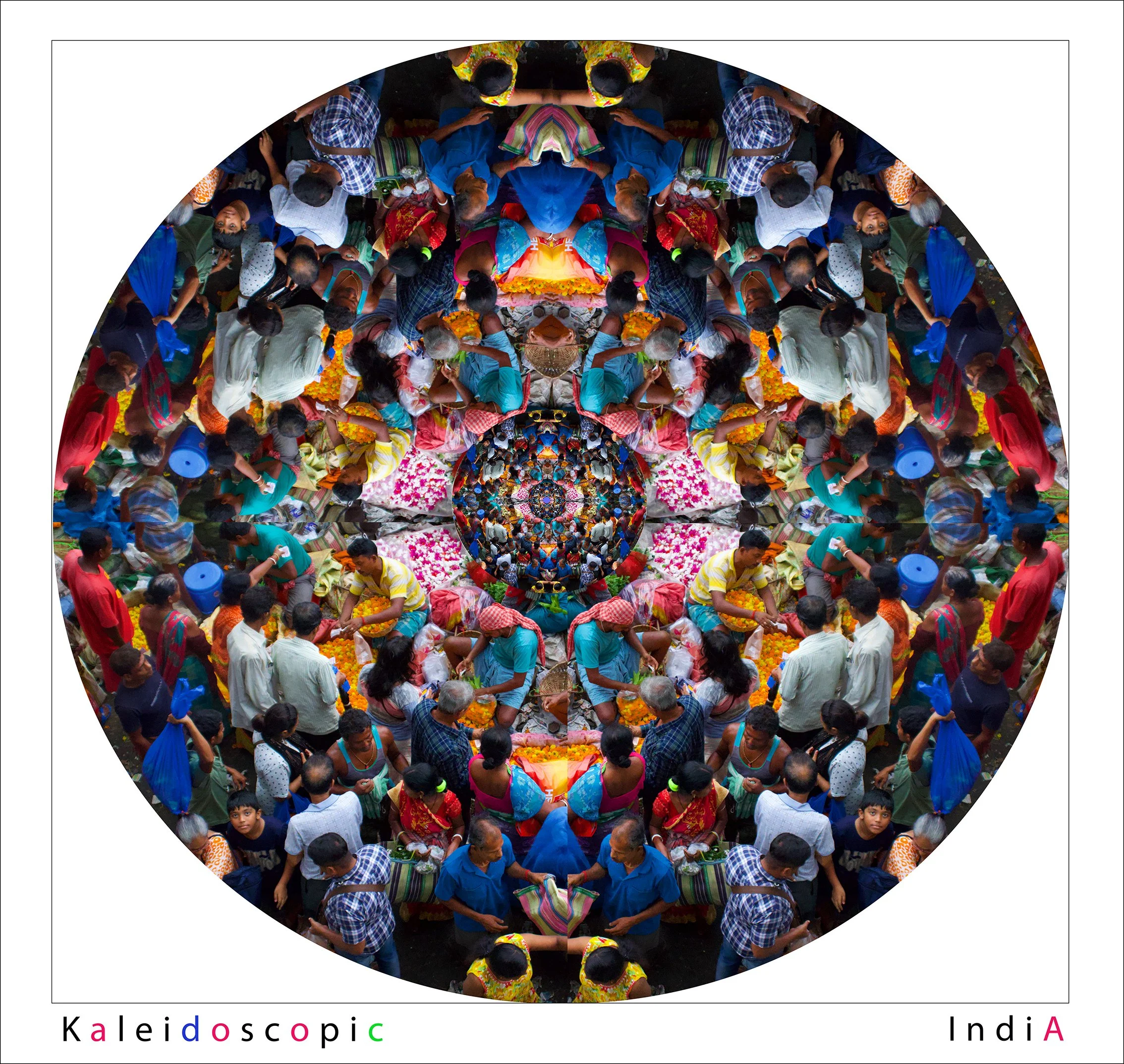 A colorful kaleidoscopic pattern of a crowded outdoor Indian festival with people in traditional clothing, flowers, and decorations.