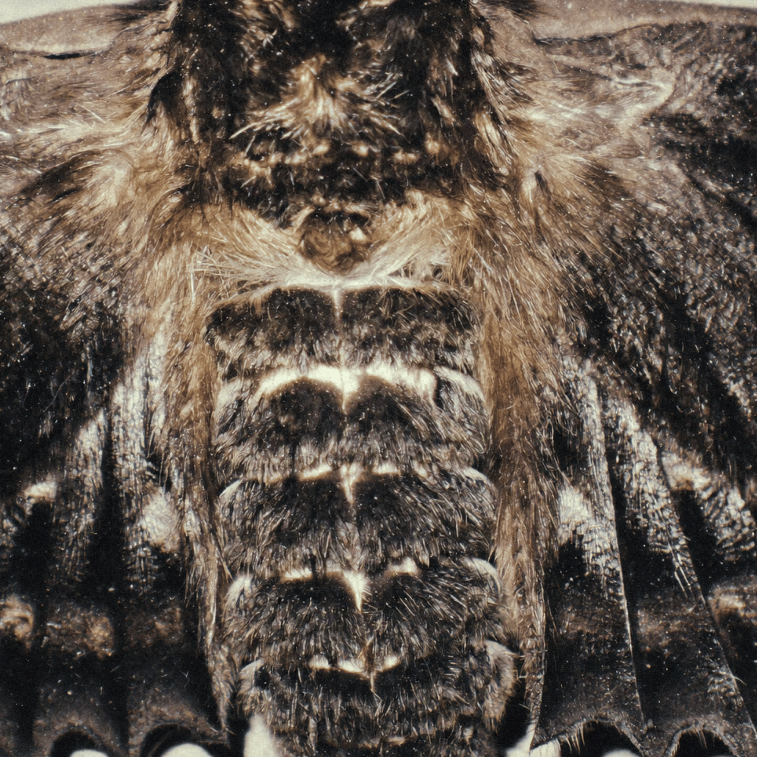 Close-up image of a butterfly with detailed, textured brown and black wings.