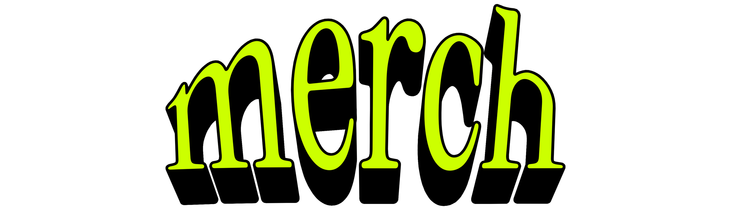 The word 'merch' written in large, lime green letters against a black background.