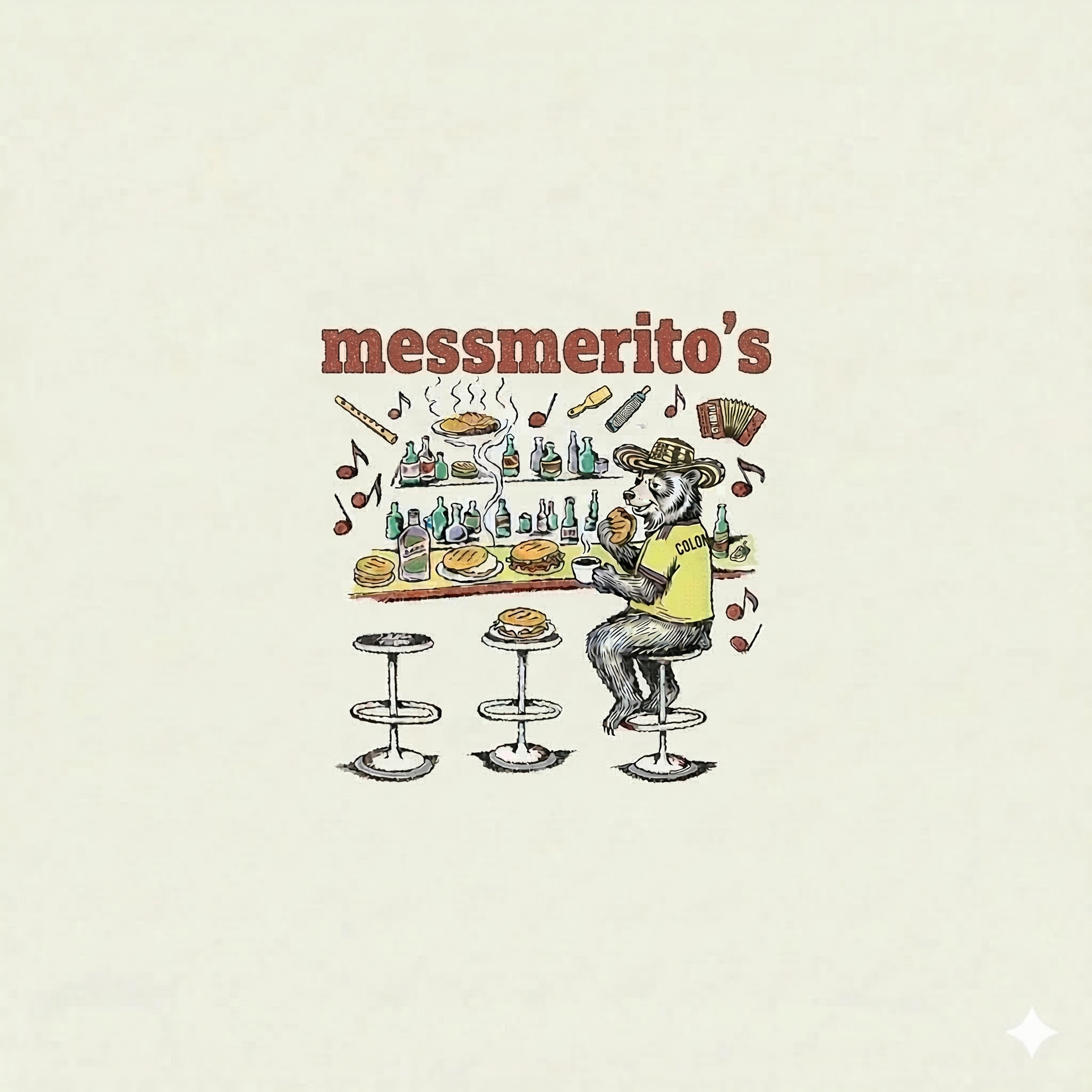 Illustration of a sloth wearing a yellow shirt with 'Colombia' written on it, sitting on a barstool, eating, with a bar in the background stocked with bottles and food, surrounded by musical notes.