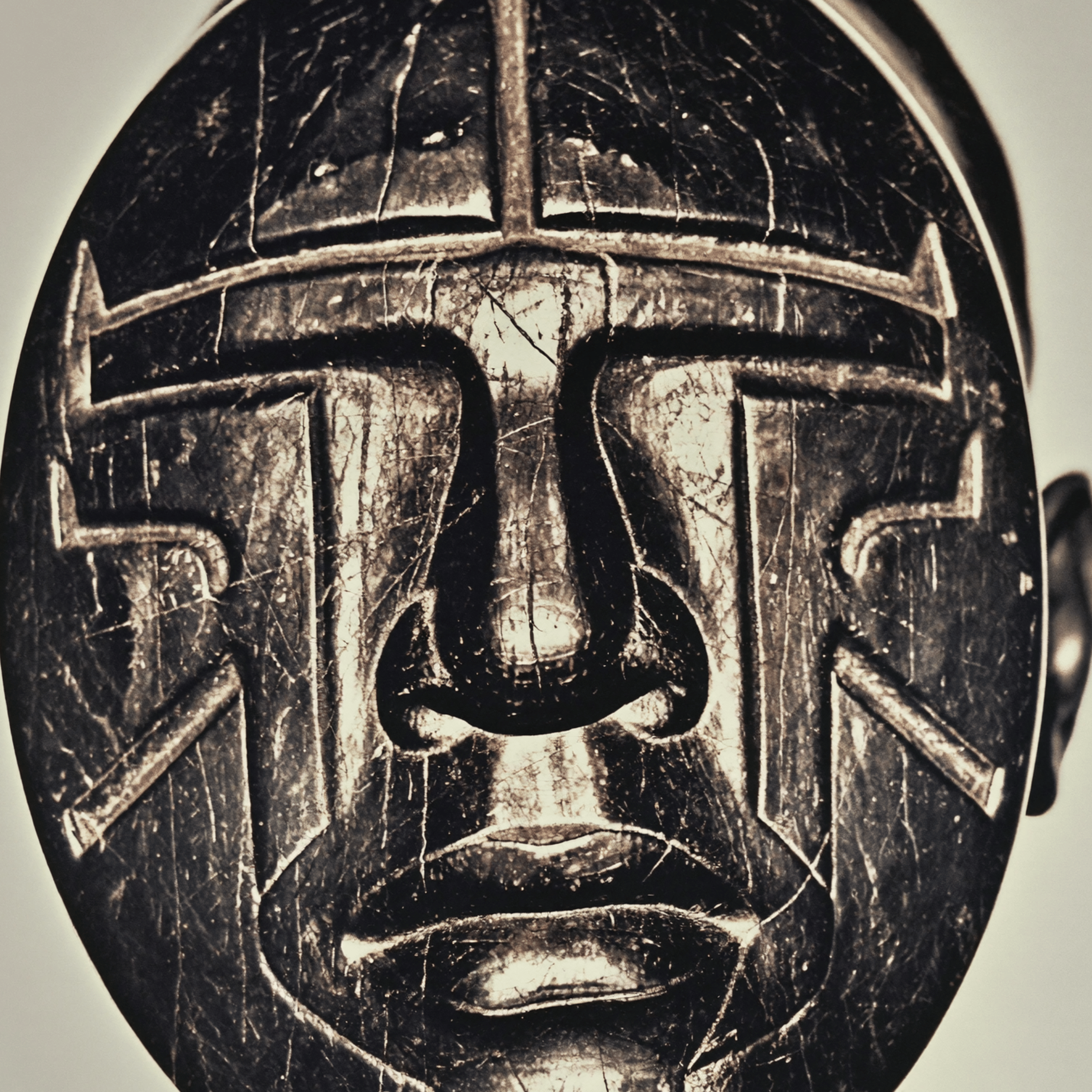 A black and white abstract design resembling a stylized face or mask with intricate line patterns and textured details.