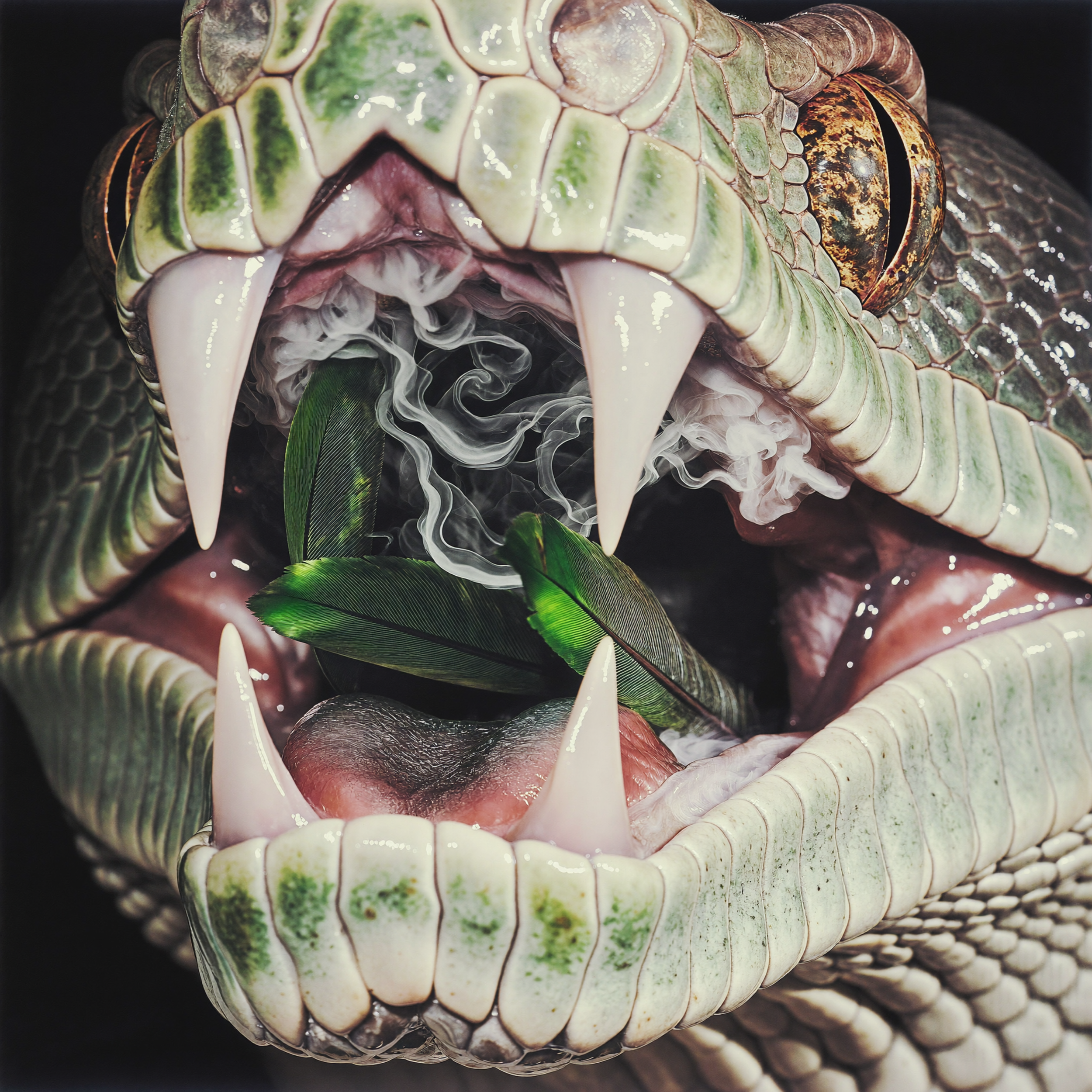 Close-up of a snake's head with its mouth slightly open, showing sharp fangs and a forked tongue, green and brown scales, and smoke or vapor emerging from its mouth.