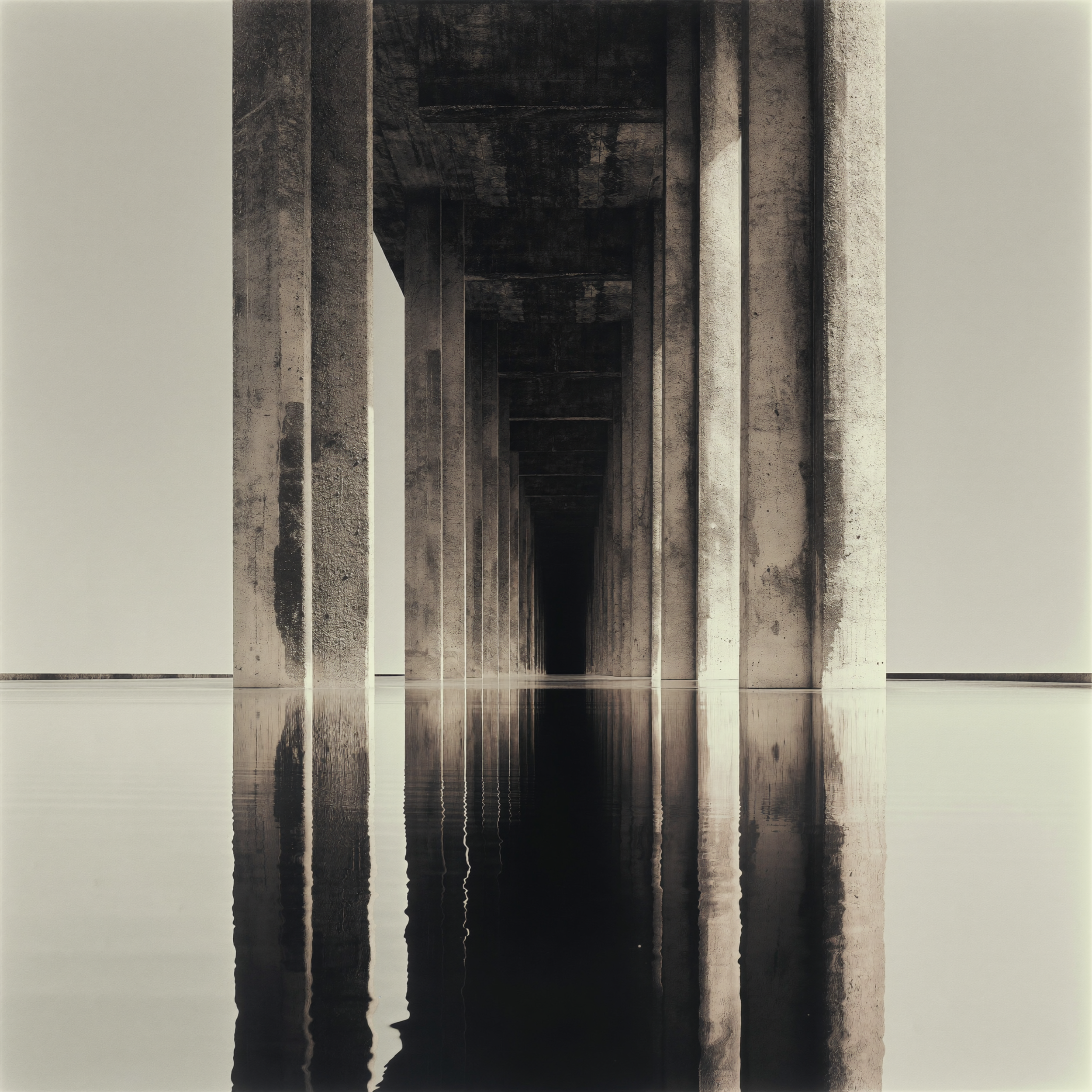 Reflection of a pier with wooden supports on a calm body of water, with clouds in the sky.
