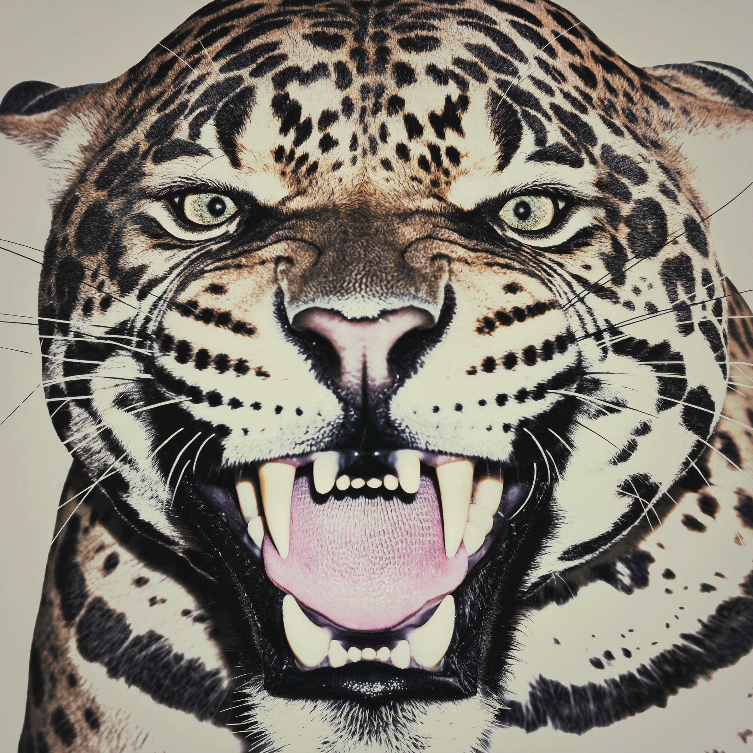 A close-up illustration of a jaguar with its mouth open, showing sharp teeth and pink tongue, blending a realistic jaguar face with a human face inside the mouth.