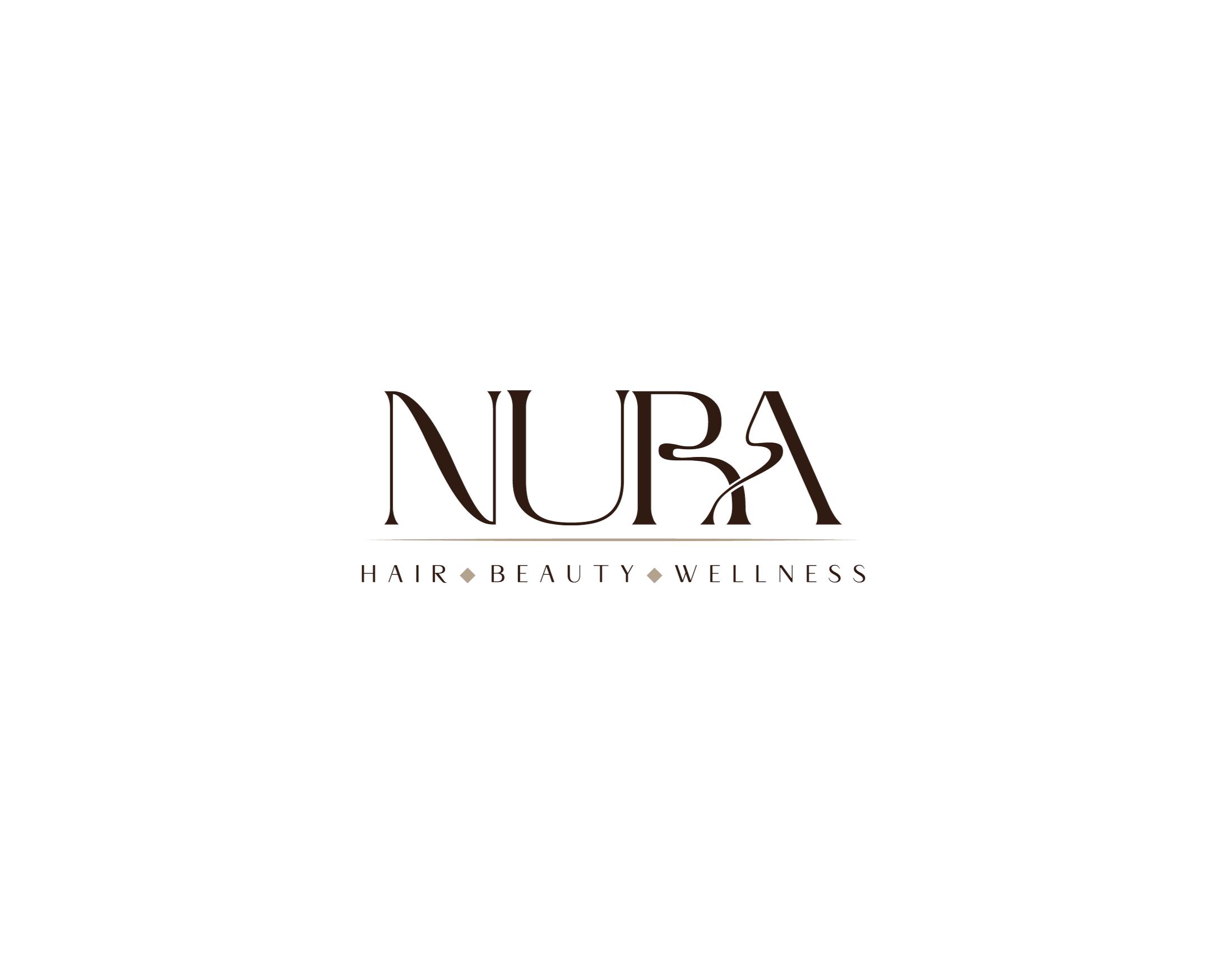 The image features a black background with the word "NURA" written in large, elegant letters. Beneath it, in smaller uppercase letters, are the words "HAIR BEAUTY WELLNESS."