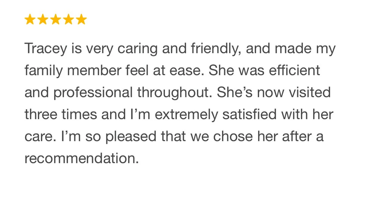 Five star customer review praising Tracey's caring and professional approach to foot care, with a client recommending her after three visits