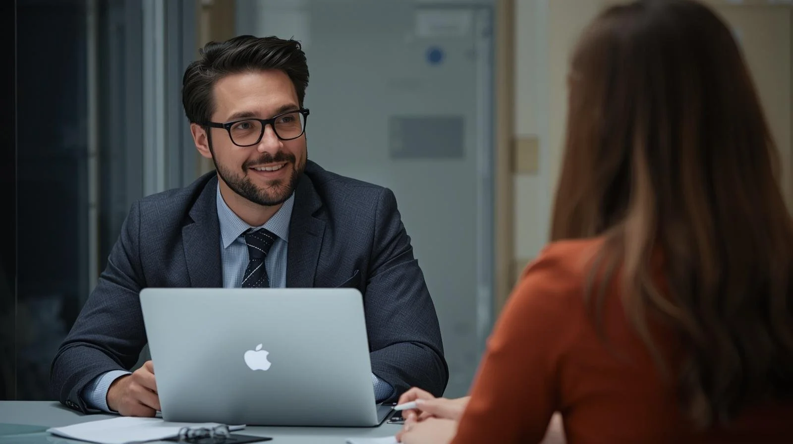 A businessman in a suit and glasses smiling during a conversation with a woman in an office setting, sitting at a table with a silver Apple laptop in front of him.