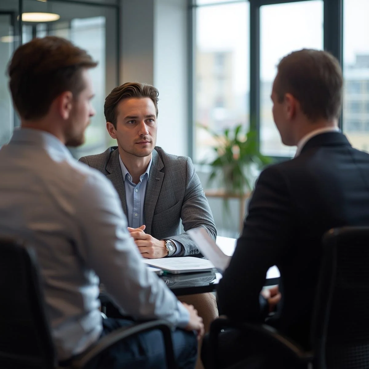 Three men in business attire are engaged in a serious discussion in a modern office conference room with large windows and a plant in the background.