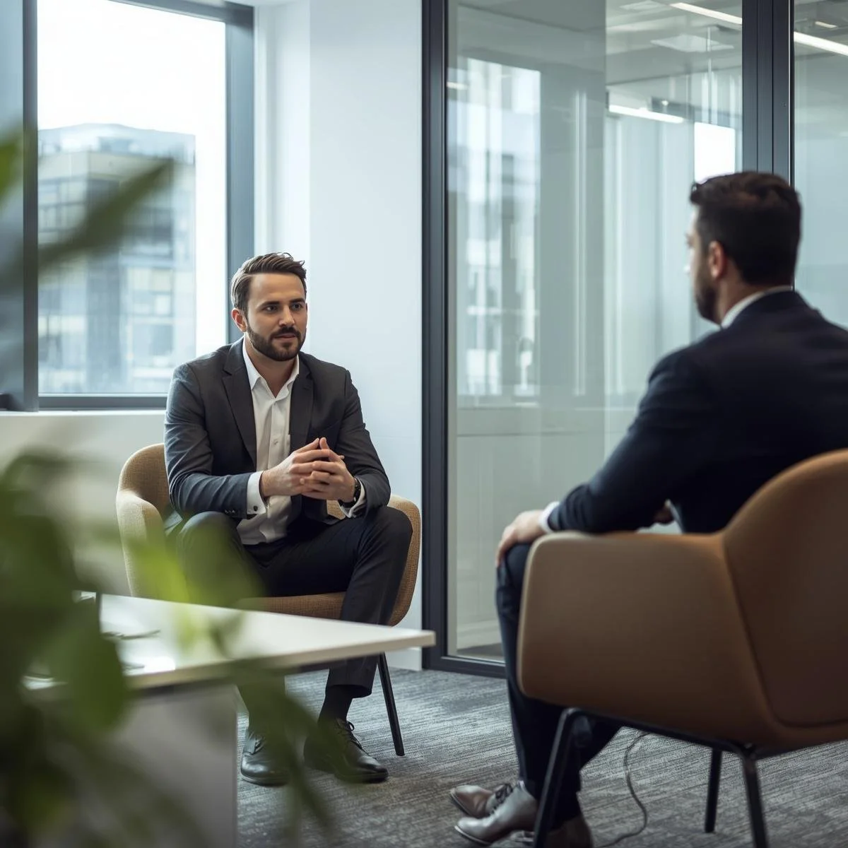 Two men in suits having a discussion in a modern office with large windows and glass walls.