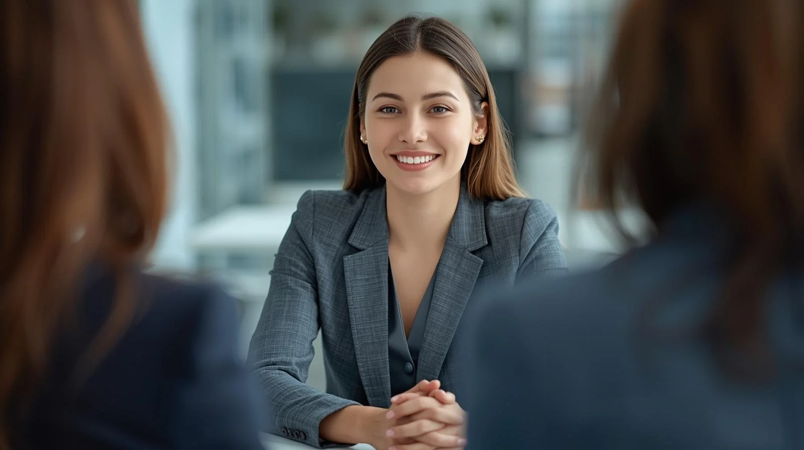 A young woman with brown hair smiling during a business meeting.