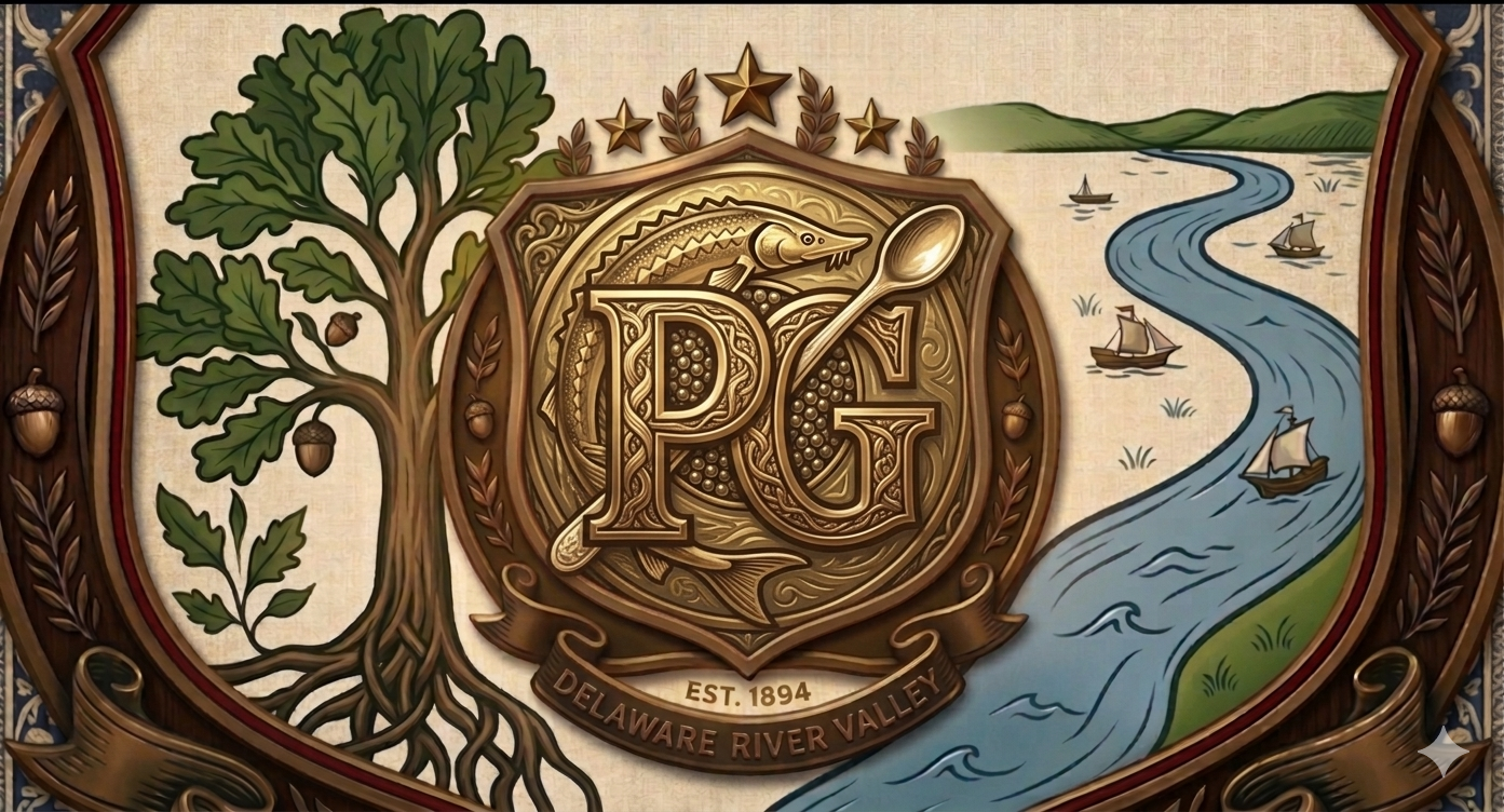 Design featuring a large tree on the left with acorns, a river flowing from the right to the left with boats, and a central ornate emblem with the initials P G and a fish and spoon motif. It includes the text "EST. 1894" and "Delaware River Valley".