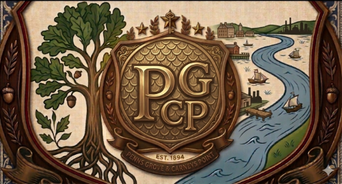 Decorative emblem with the initials 'PG' and 'PCP', featuring a tree, river, boats, and a historical townscape, with the text 'Est. 1894' and 'Penns Grove & Carneys Point'.