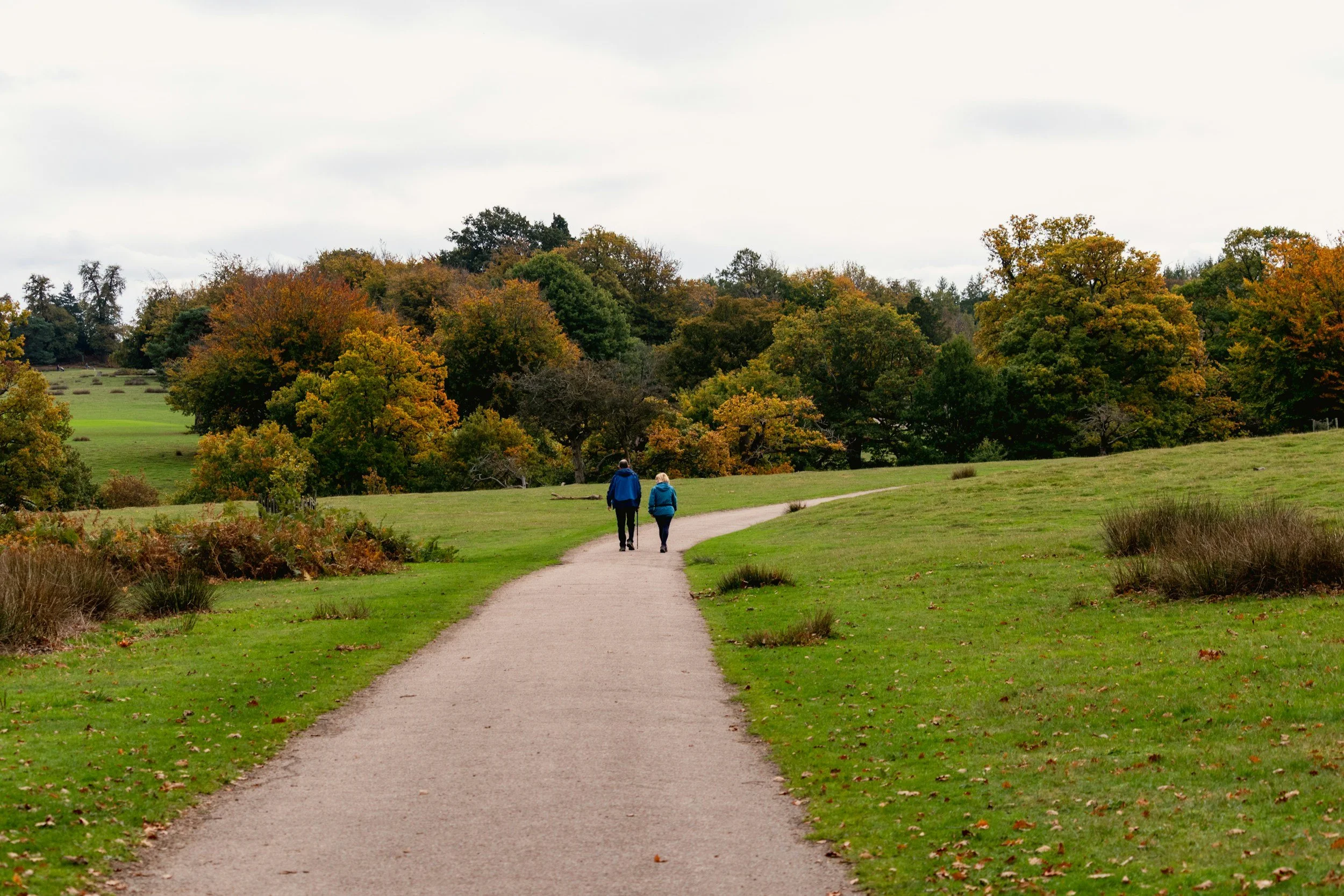 Two people walking on a curved dirt path in a park with green grass and trees showing fall foliage, under a cloudy sky.