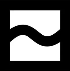 An abstract black and white logo with a wavy line inside a square.