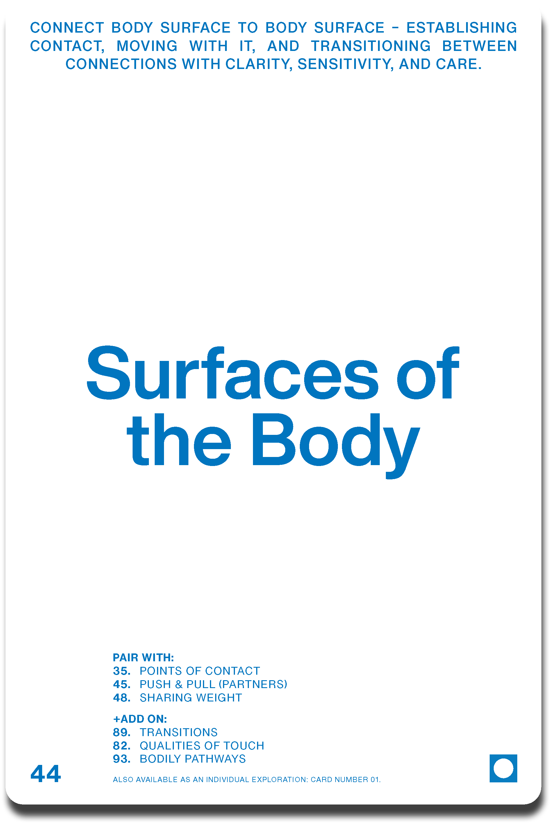 Page from a card or booklet titled 'Surfaces of the Body' with instructions on connecting body surfaces through contact, moving, and transitioning. The lower part lists pairings of body points based on contact, push and pull, and sharing weight, and additional options for transitions, qualities of touch, and bodily pathways.