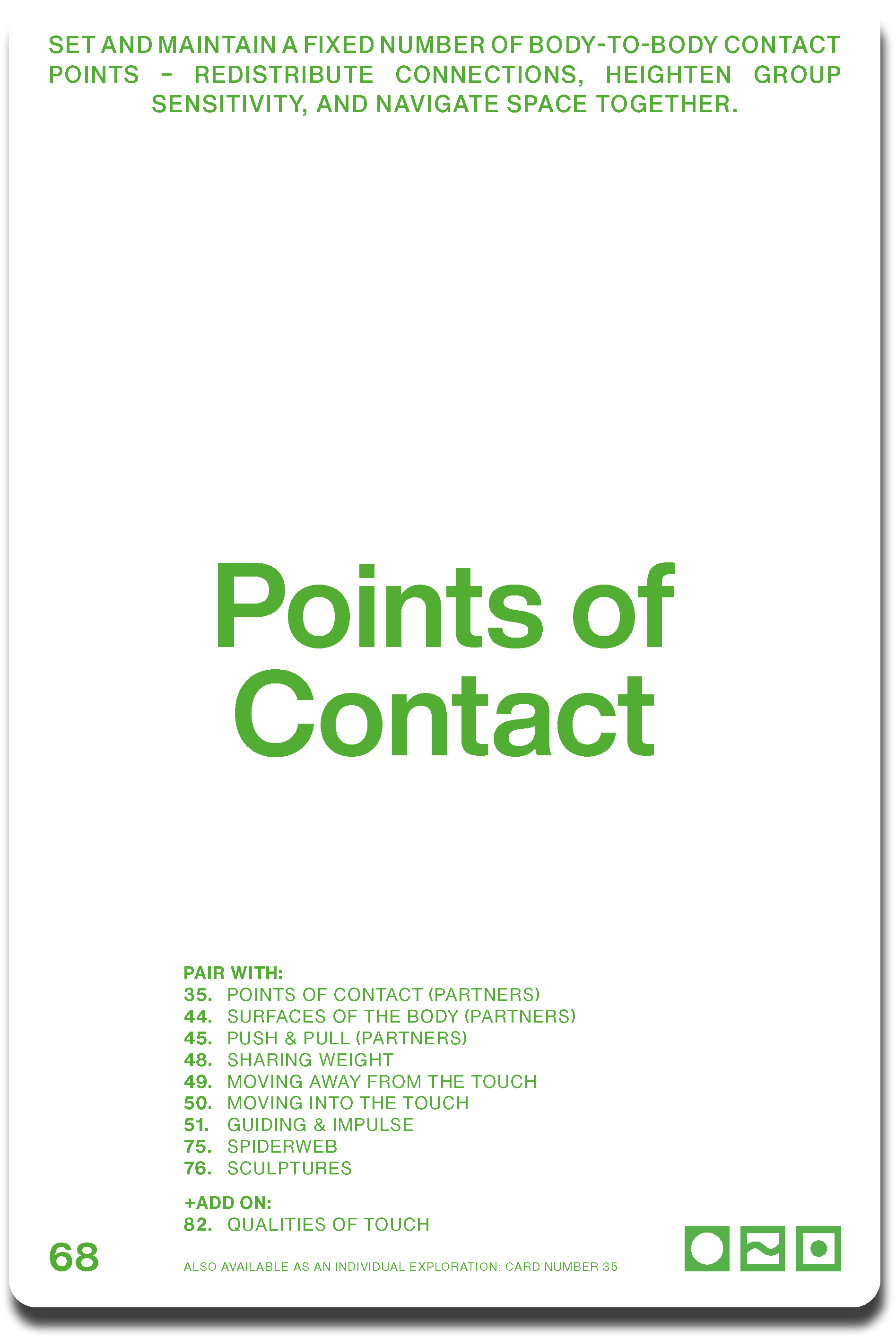 Instructions for establishing and maintaining body-to-body contact points, including connections, sensitivity, space navigation, and partner exercises such as points of contact, surfaces, push and pull, weight sharing, and movement themes, with icons at the bottom representing a circle, wave, and square.