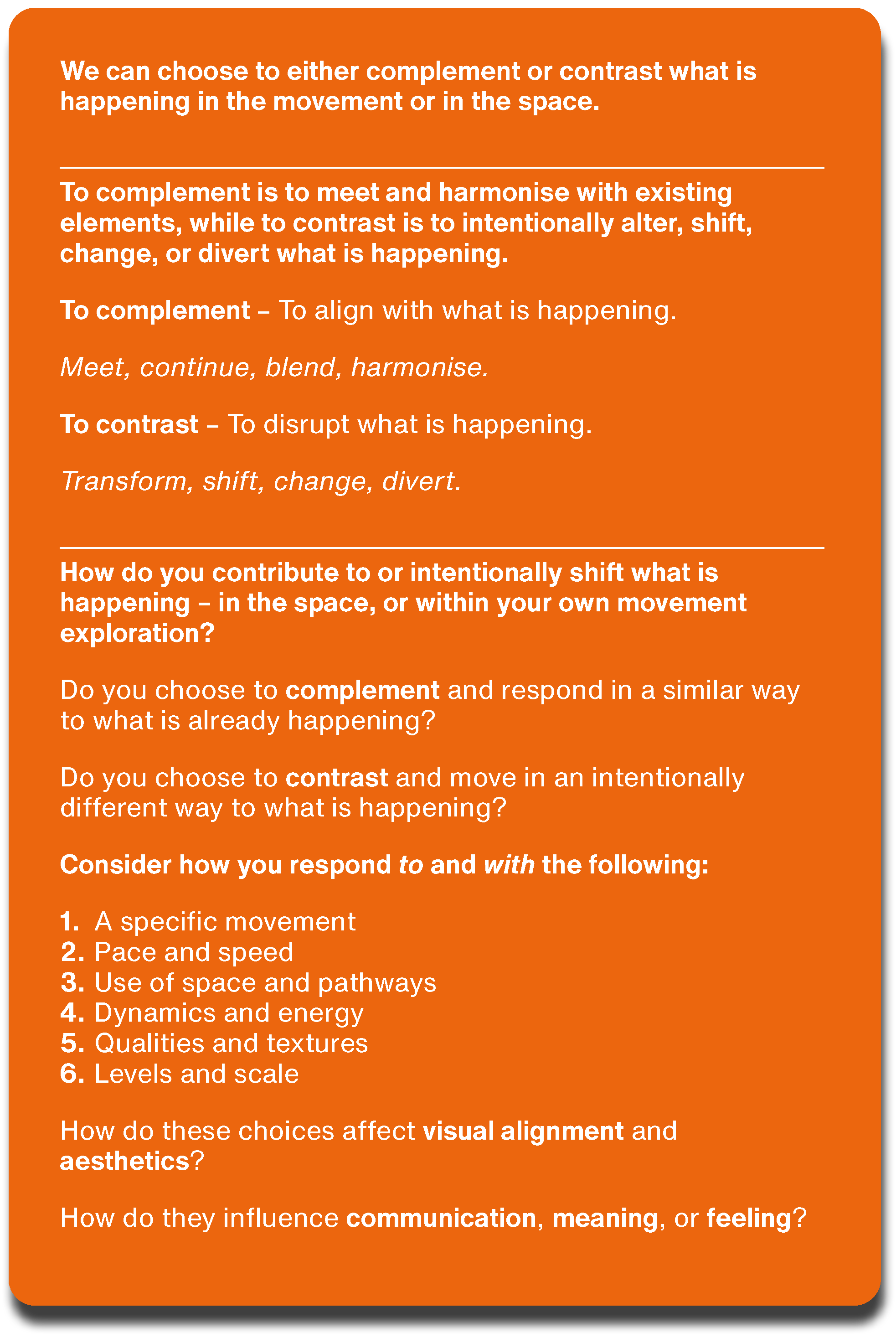An educational poster with orange background and white text explaining concepts of contrast and complement in visual movement and space, including questions for self-reflection.
