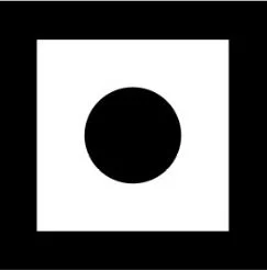 Black circle inside a white square with a black border.