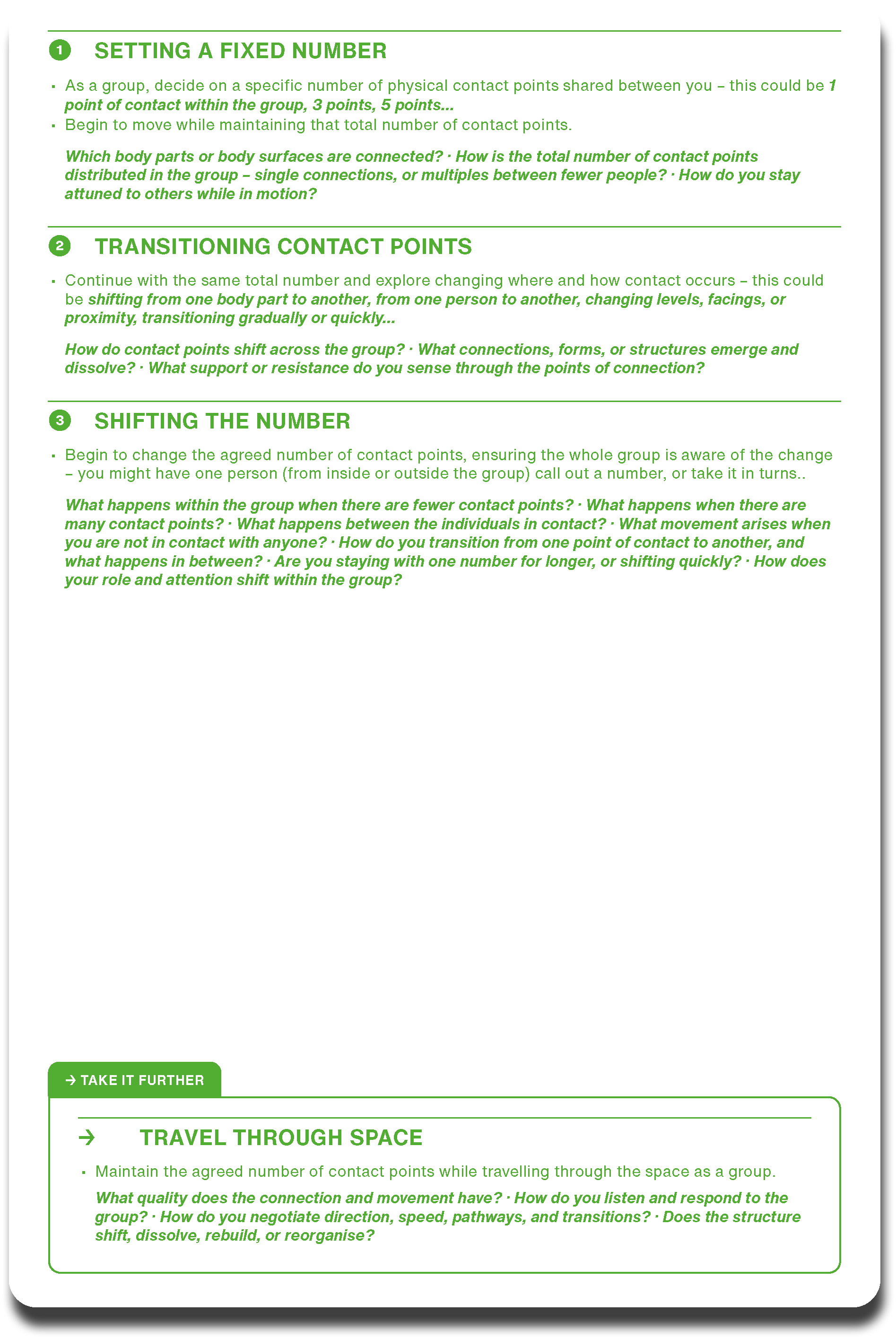 Instructions for setting a fixed number, transitioning contact points, shifting the number, and traveling through space in a group activity, all written in green text on a white background.