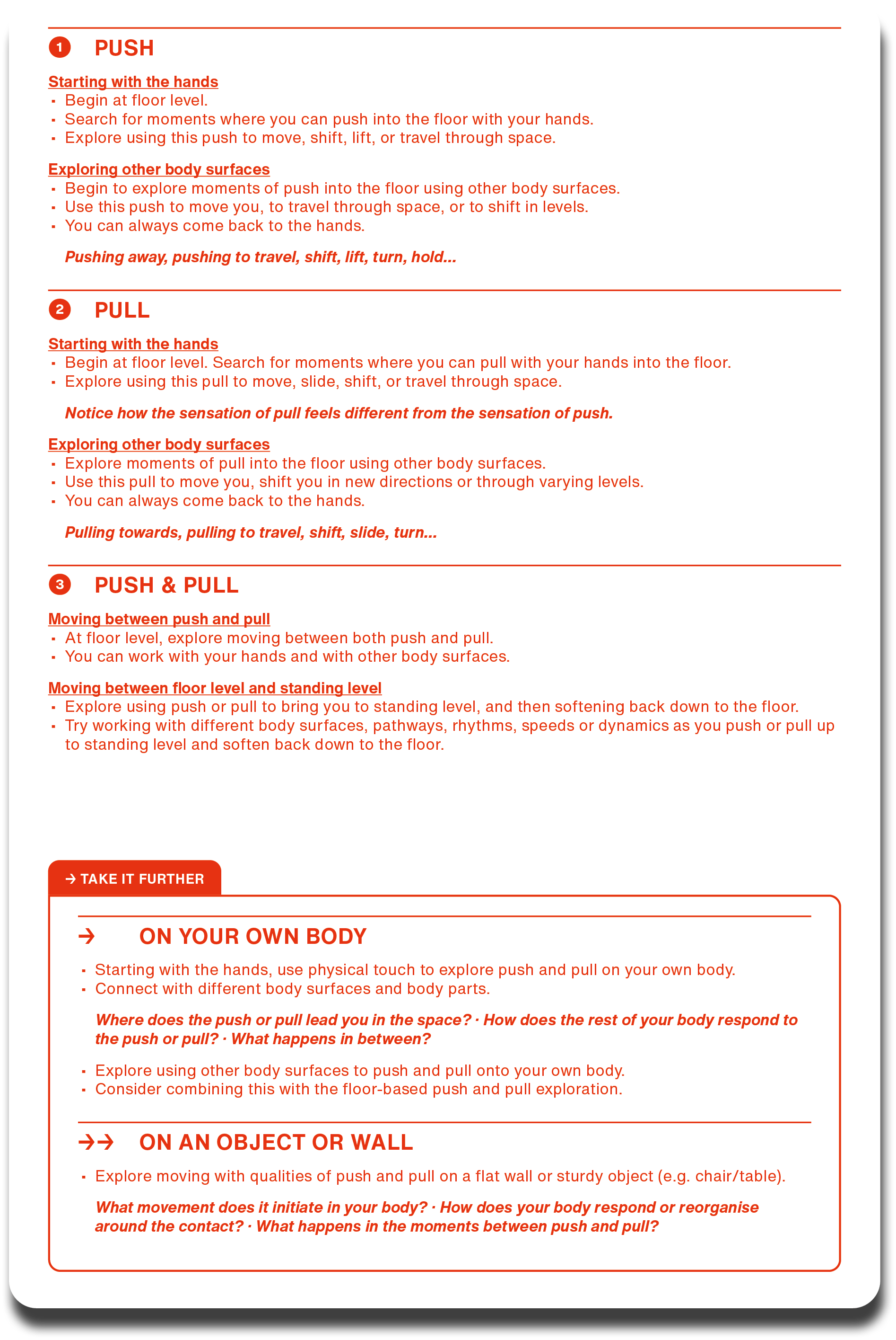 A page from an exercise or self-help guide with instructions on push, pull, push & pull, and object or wall movements, written in red and black text on a white background.