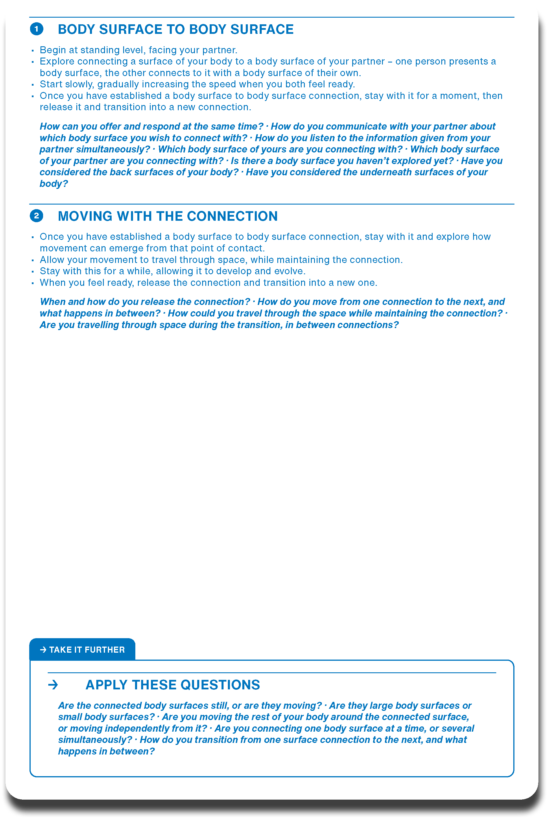Instructional text on exploring body surfaces and movement, with sections titled 'Body Surface to Body Surface' and 'Moving with the Connection'.