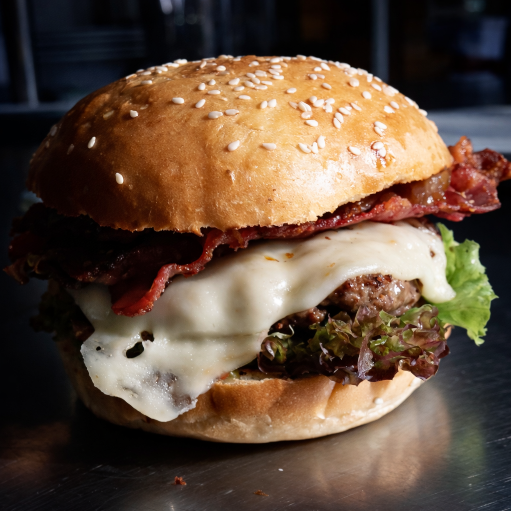 Close-up of a sandwich burger with a sesame seed bun, bacon, melted cheese, lettuce, and a beef patty.