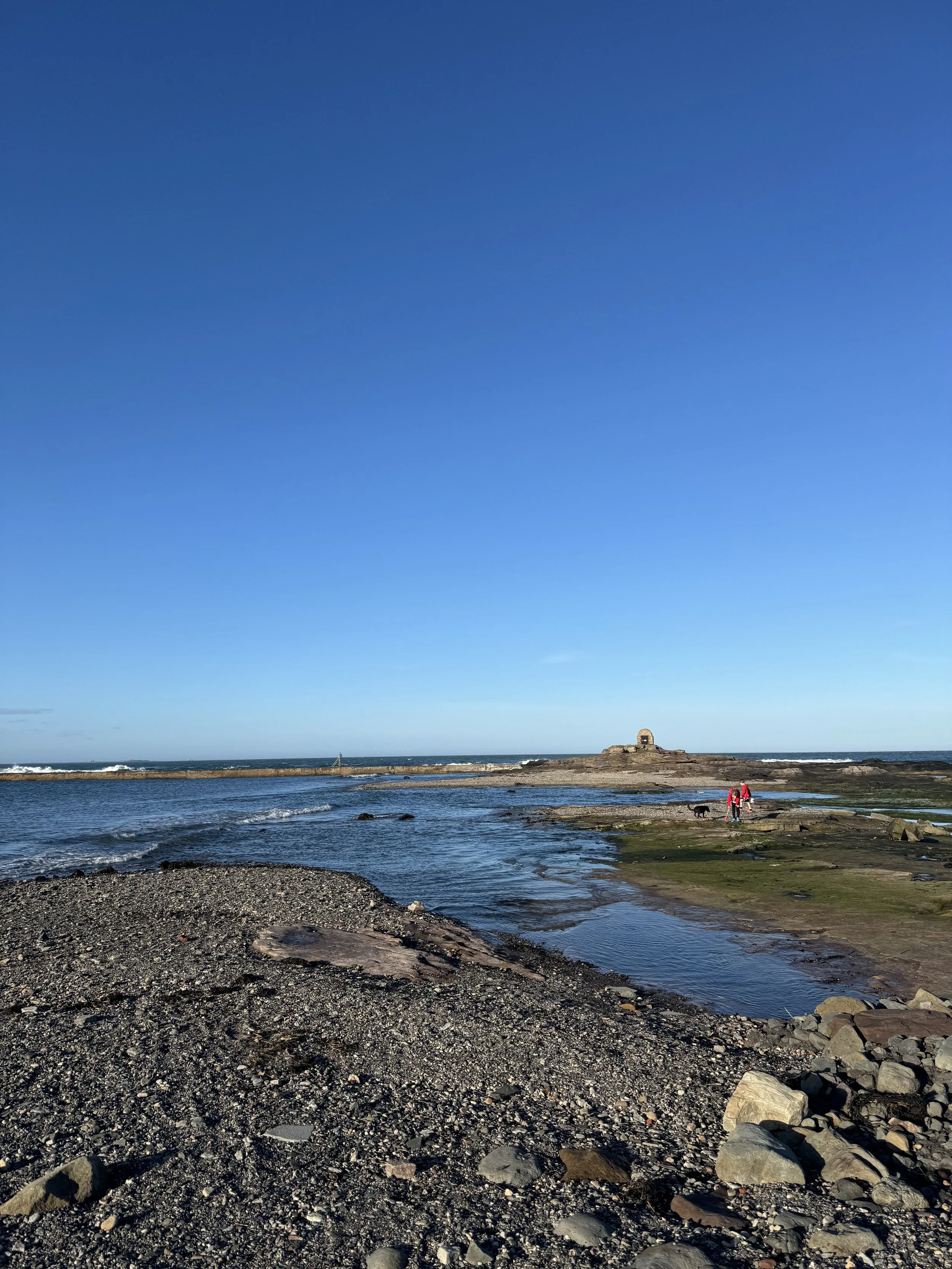 A large body of water with rocky shoreline in the foreground, a small structure on an outcrop in the midground, and a clear blue sky above. Two people and a dog are walking near the shore.