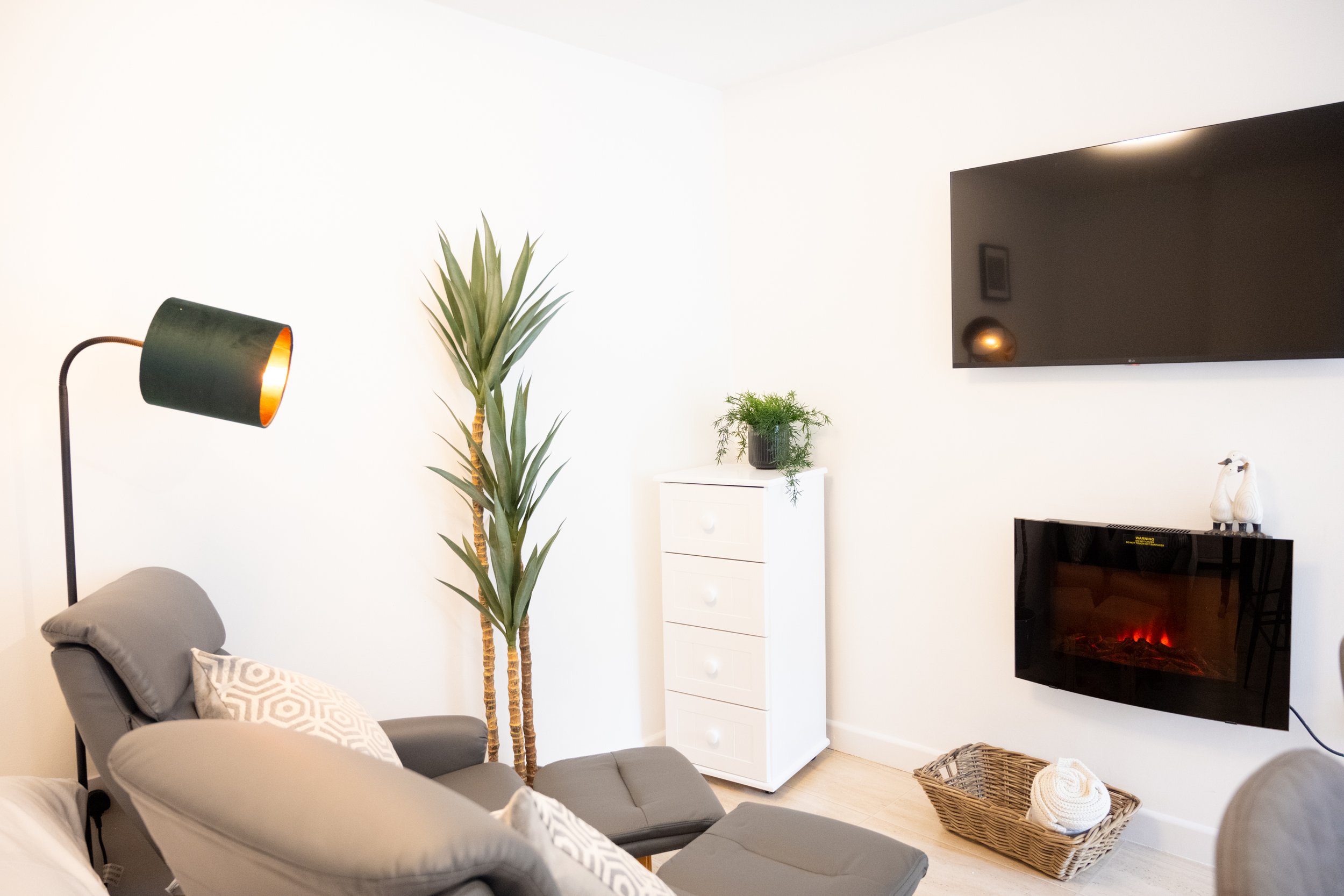 Living room with a gray lounge chair, green indoor plants, a white dresser, a wall-mounted flat-screen TV, a basket, and a heater with a fire display.