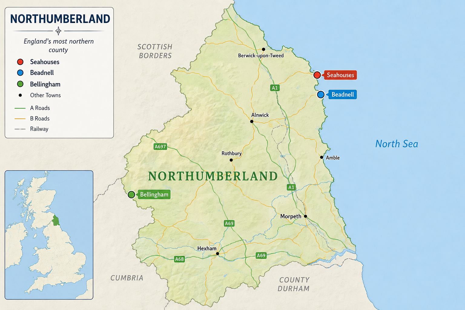 Map of Northumberland, England, showing locations of seahouses, beadnell, and bellingham, with roads, railway, and nearby counties.