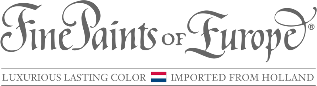 Familiar logo with stylized text that reads 'Fine Paints of Europe' and a tagline below it that says 'Luxurious Lasting Color' with a small Dutch flag and the words 'Imported from Holland'.
