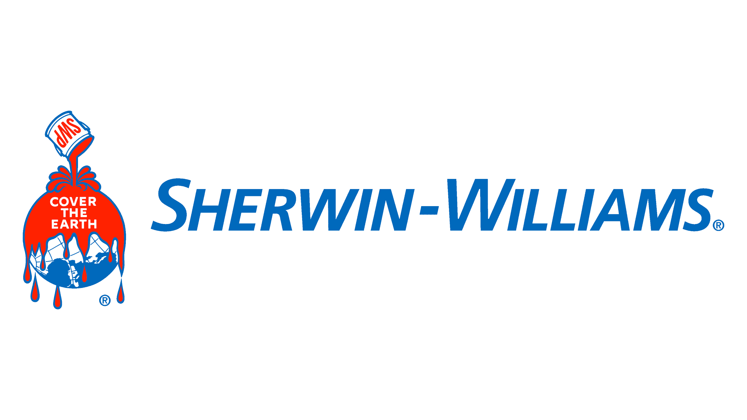 Sherwin-Williams logo with paint can pouring red paint over a globe, with the words "Cover the Earth" inside the paint, and Sherwin-Williams written in blue text