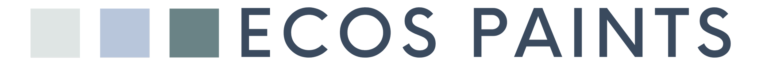 A color palette with four shades of light to dark blue and green next to the words 'ECOS PAINTS' in large, dark blue letters.