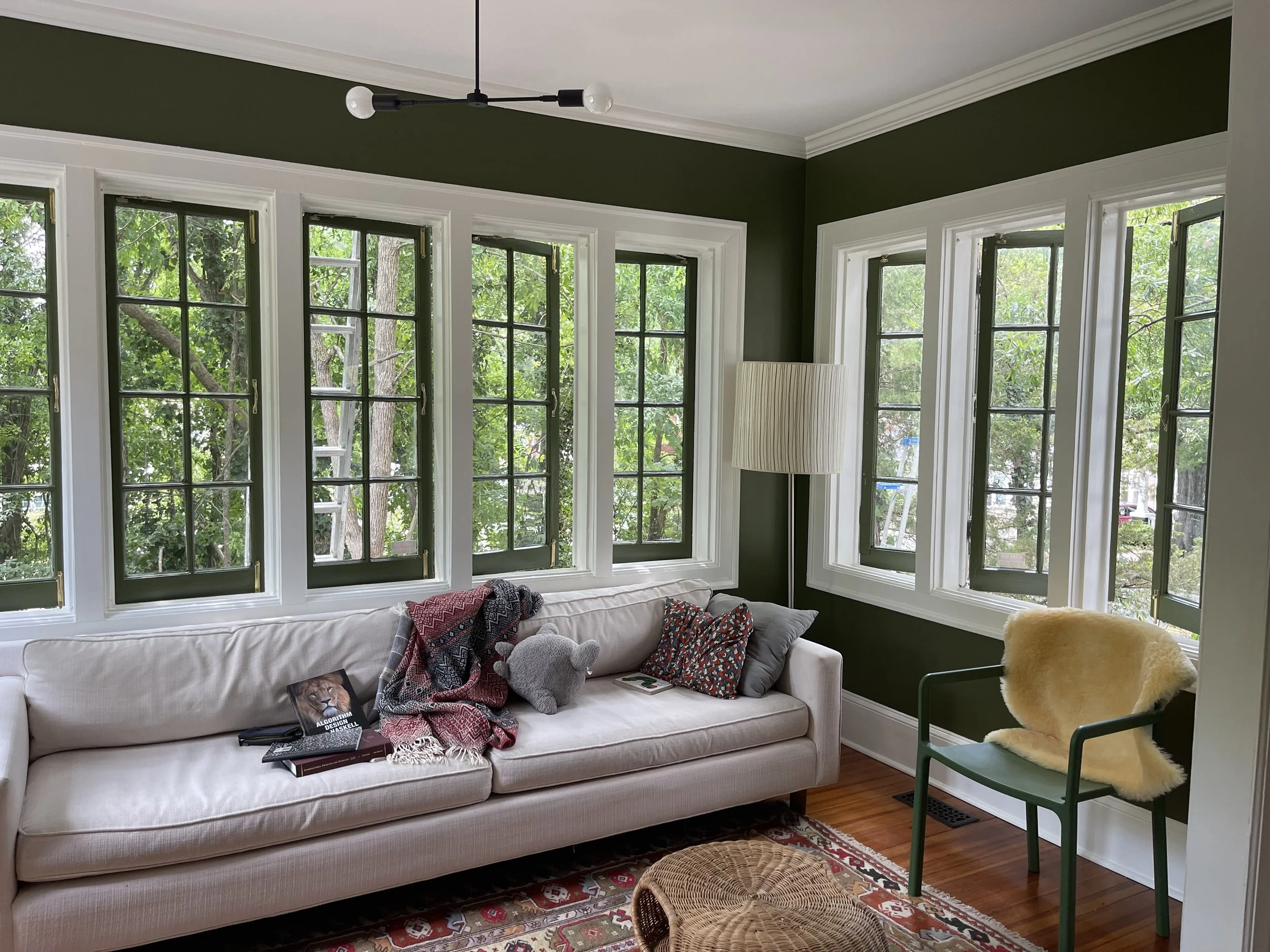 Living room with large bay windows, green walls, a white sofa with blankets and books, a decorative lion pillow, a floor lamp, a green chair with a yellow faux fur throw, and a wicker ottoman, with a patterned rug on hardwood floor.