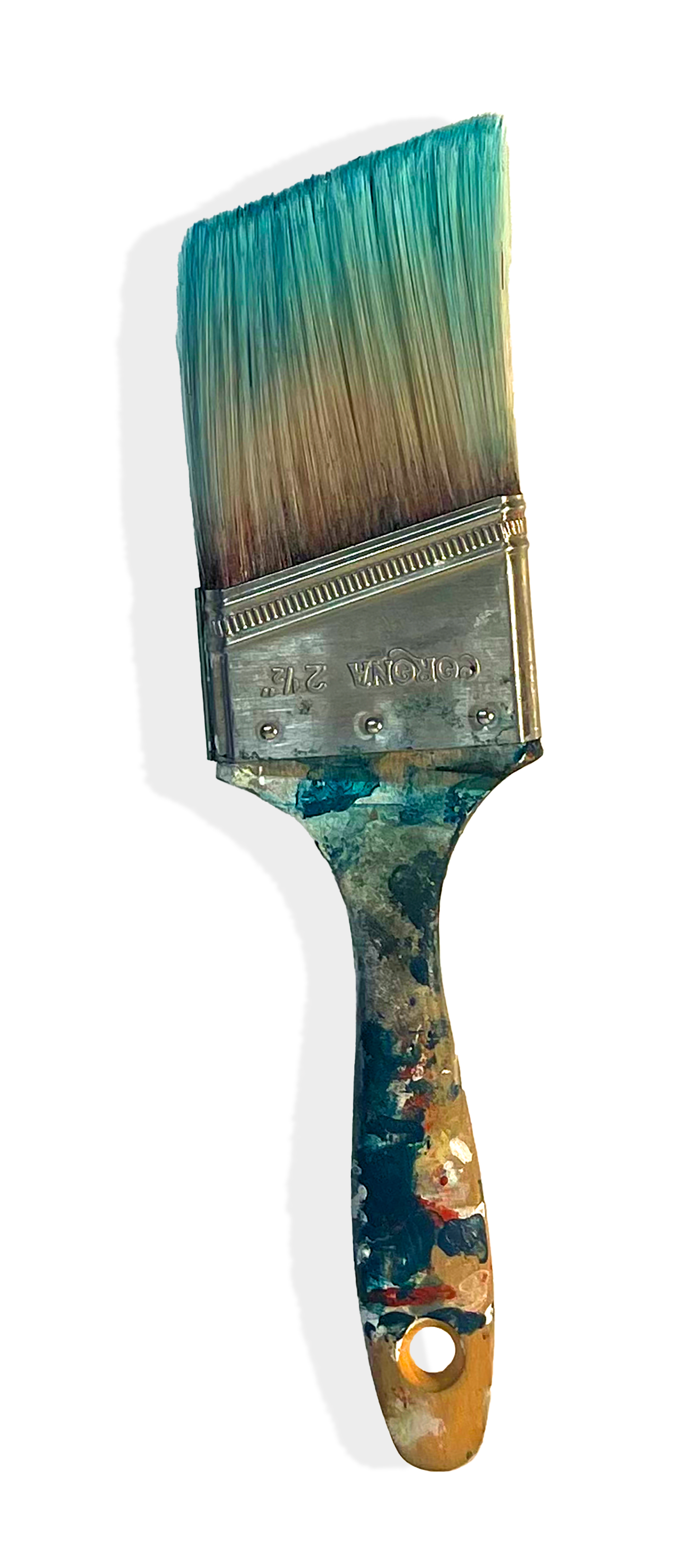 Close-up of a paintbrush with multicolored bristles and a colorful, painted handle.