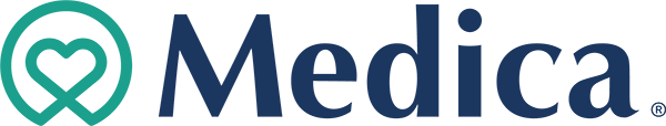 Medica logo consisting of a teal heart shape intertwined with a checkmark, followed by the word 'Medica' in navy blue text.