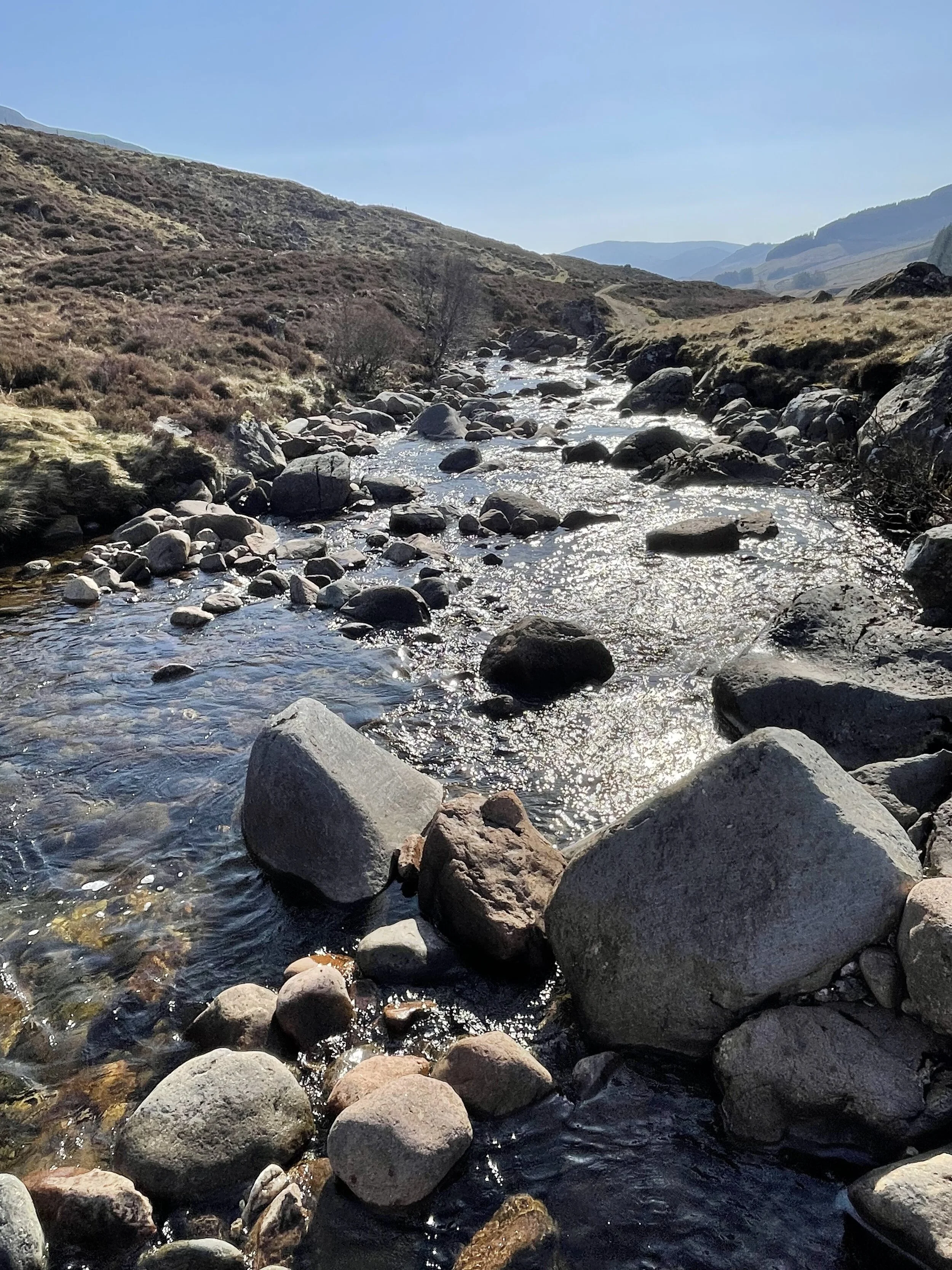 shallow river heading into the distance with a blue sky on the horizon