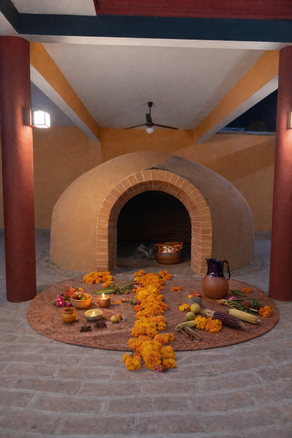 Decorative altar with marigold flowers, candles, pottery, and corn on a round woven mat in front of a brick oven, under a ceiling with a fan, illuminated by wall lights.