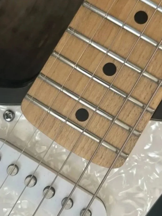 Close-up image of the fretboard of an electric guitar, showing  leveled frets and polished