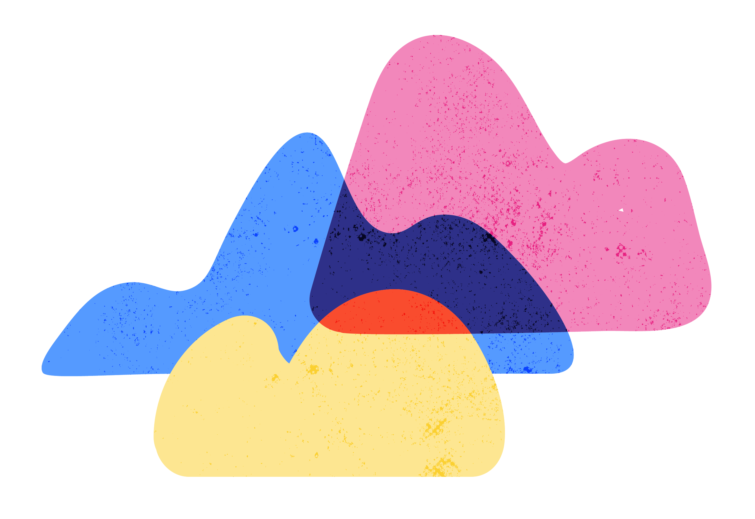 Colored abstract mountain ranges in blue, pink, dark blue, yellow, and red with a textured style.
