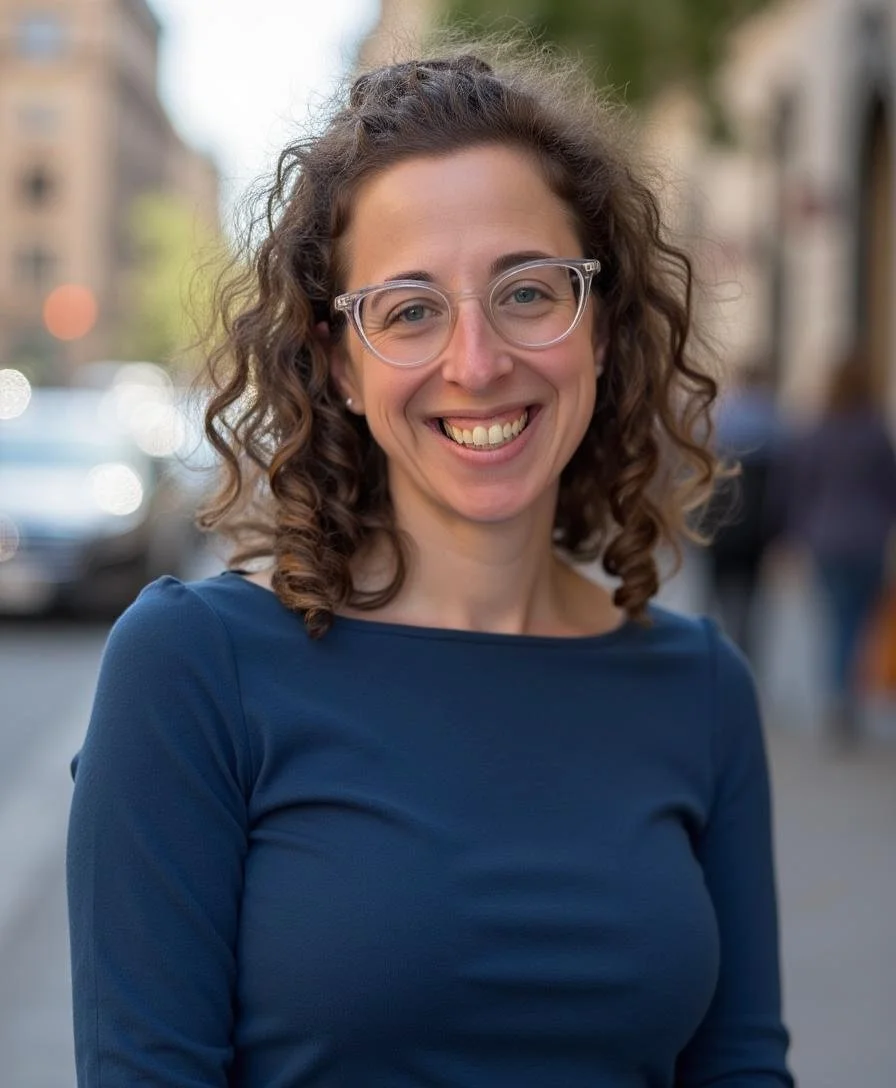 Marissa Gilbert, Licensed Clinical Social Worker, smiling in a dark navy top outdoors on an urban sidewalk