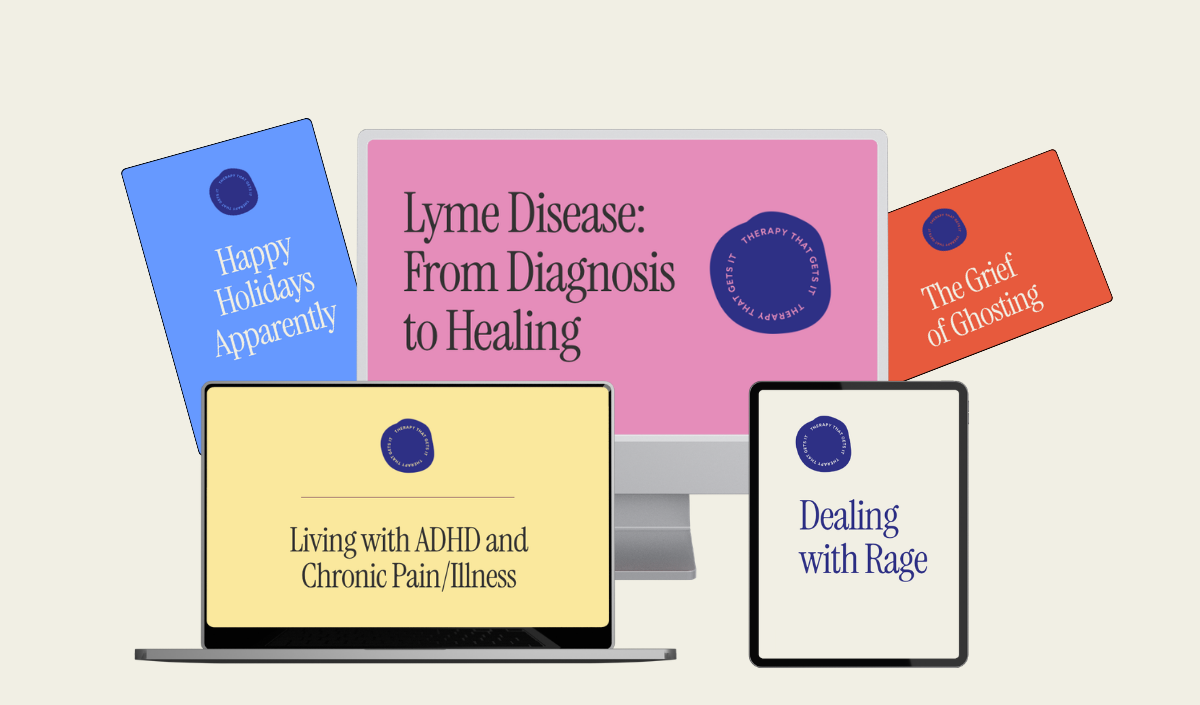 Digital devices displaying topics related to mental health, including a monitor with 'Lyme Disease: From Diagnosis to Healing,' a tablet with 'Dealing with Rage,' a laptop with 'Living with ADHD and Chronic Pain/Illness,' and a card with 'The Grief of Ghosting,' with surrounding informational cards.
