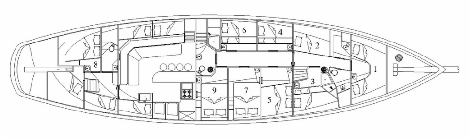 Cabin 1 has two non-bunked twins. Cabin 2 is our single. Cabins 3, 4, and 6 feature bunked twins. Cabins 5, 7, 8 and 9 have queens. If you have a specific cabin number in mind, just let us know when you book.