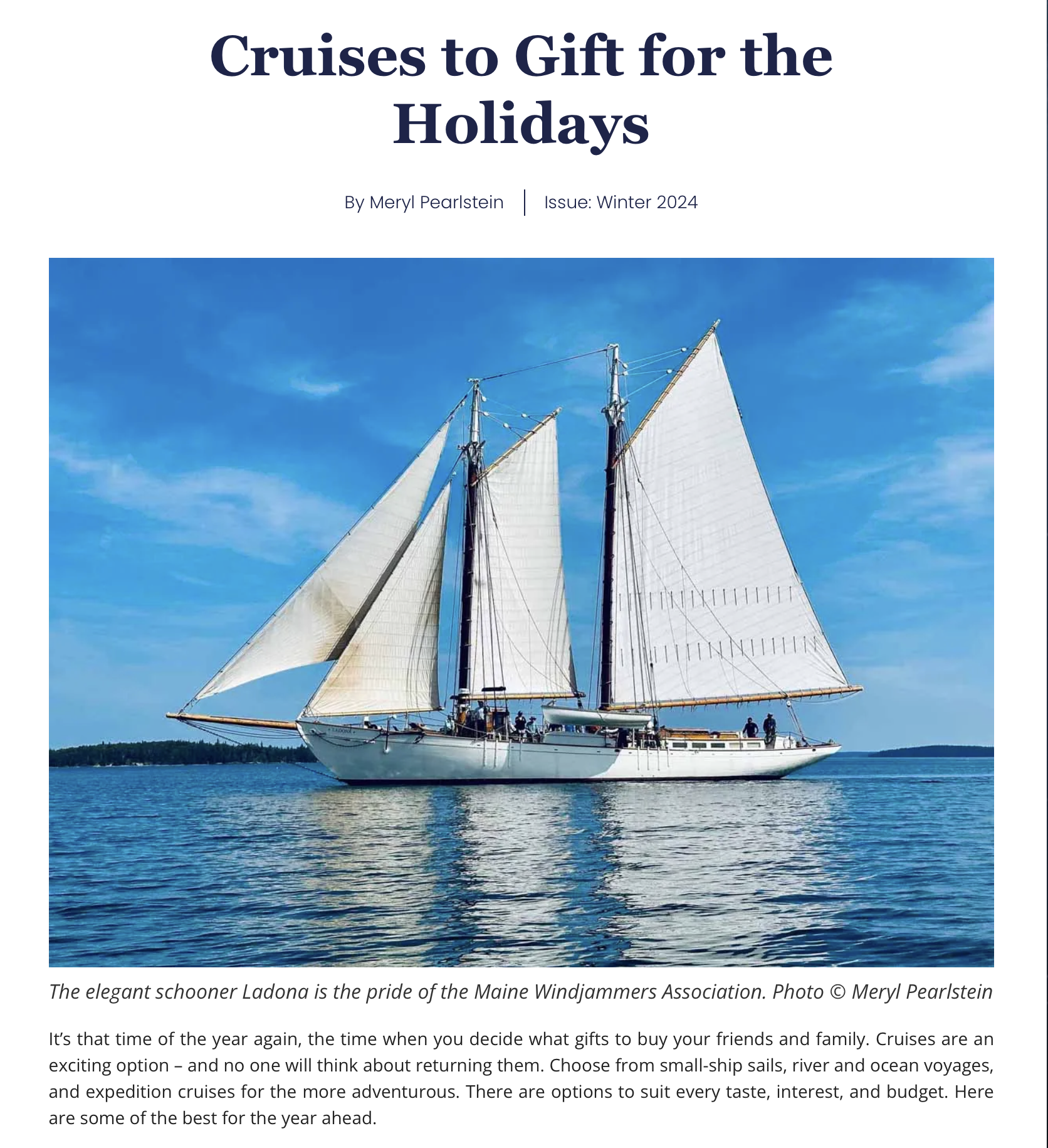 Travel World International Magazine holiday gift guide features schooner Ladona
