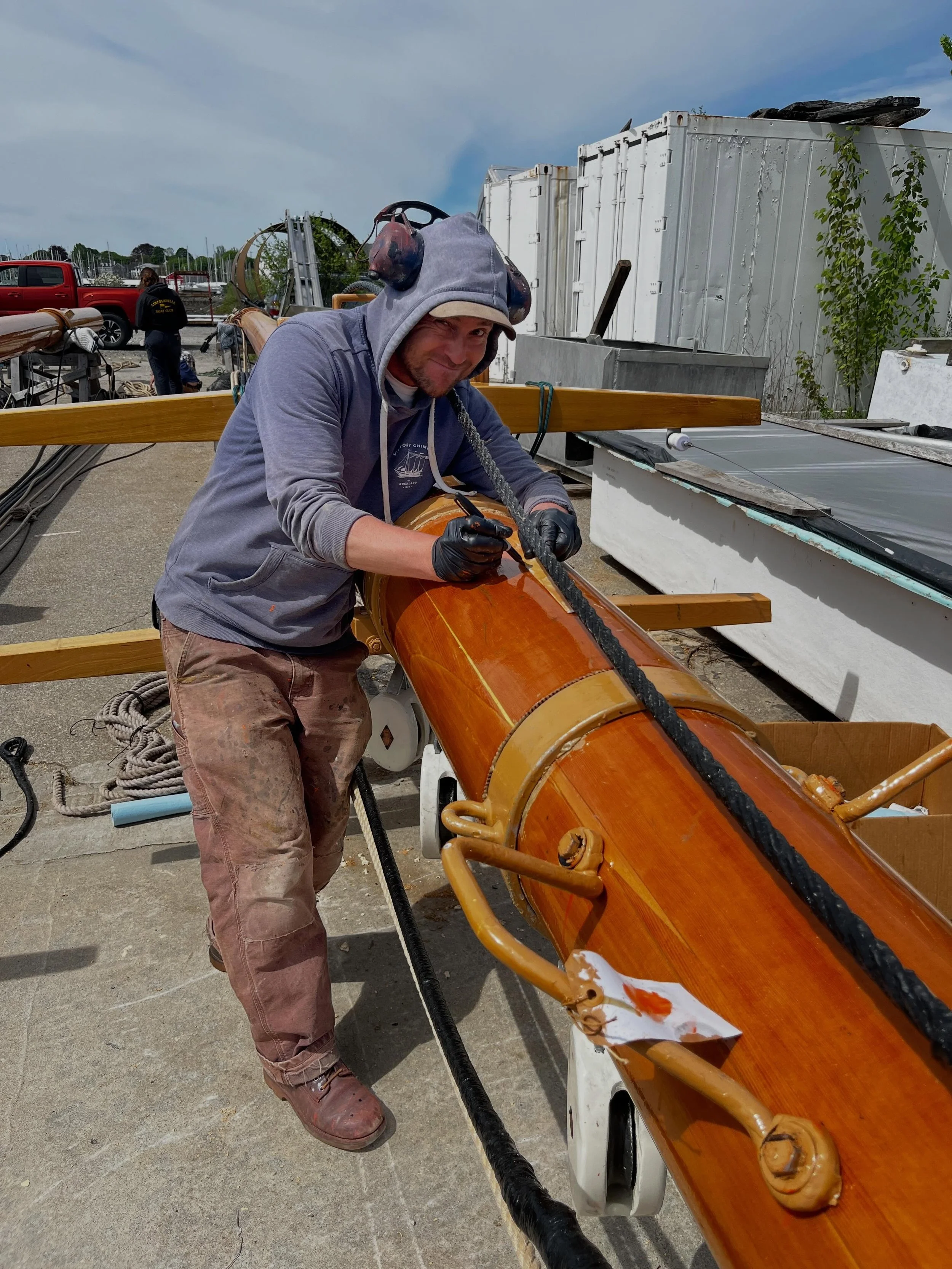 Yesterday was an exciting day for Schooner Ladona. Crew spent the morning prepping the masts and in the afternoon they were crane lifted and carefully put in place. That new mast feeling!