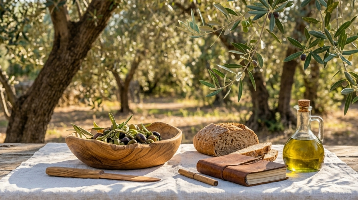 Rustic table setting with linen cloth, olive oil, and artisan bread in a Mallorcan olive grove