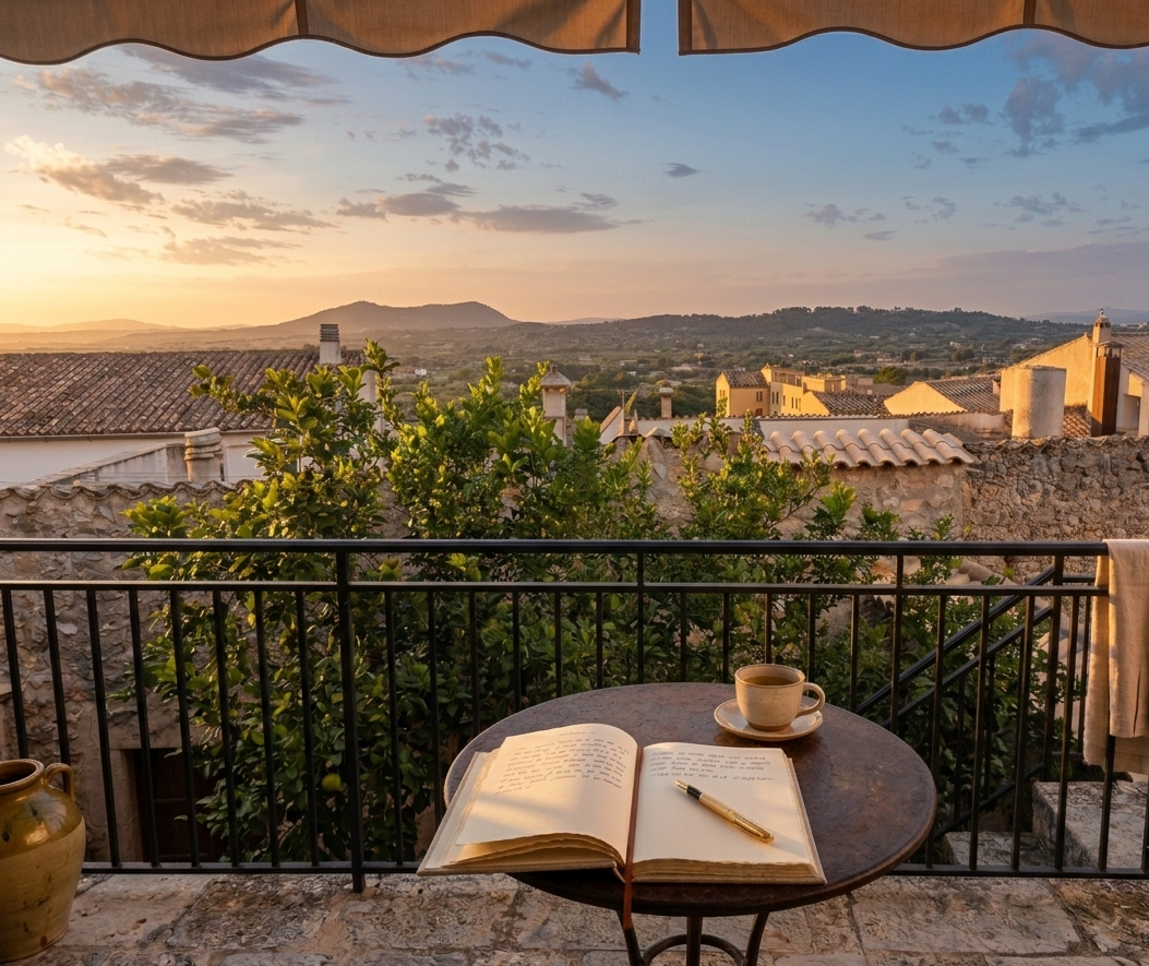 Morning journaling on a Mallorcan terrace at a longevity retreat