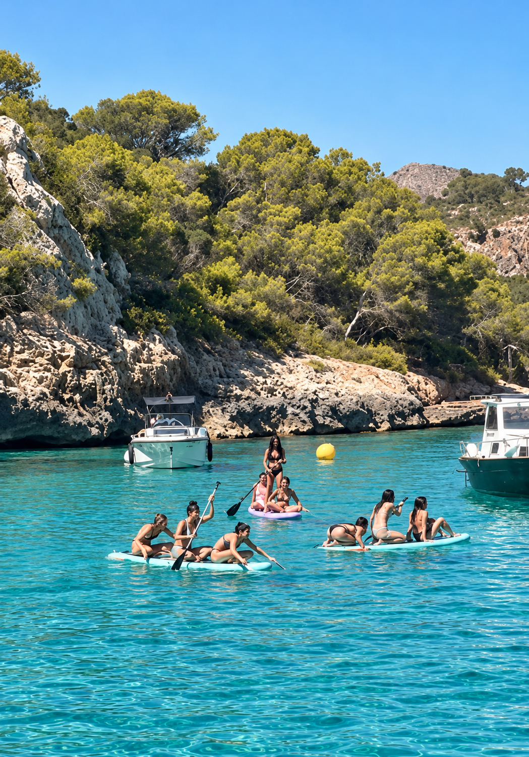 Women paddle boarding in a turquoise cala during a group retreat in Mallorca