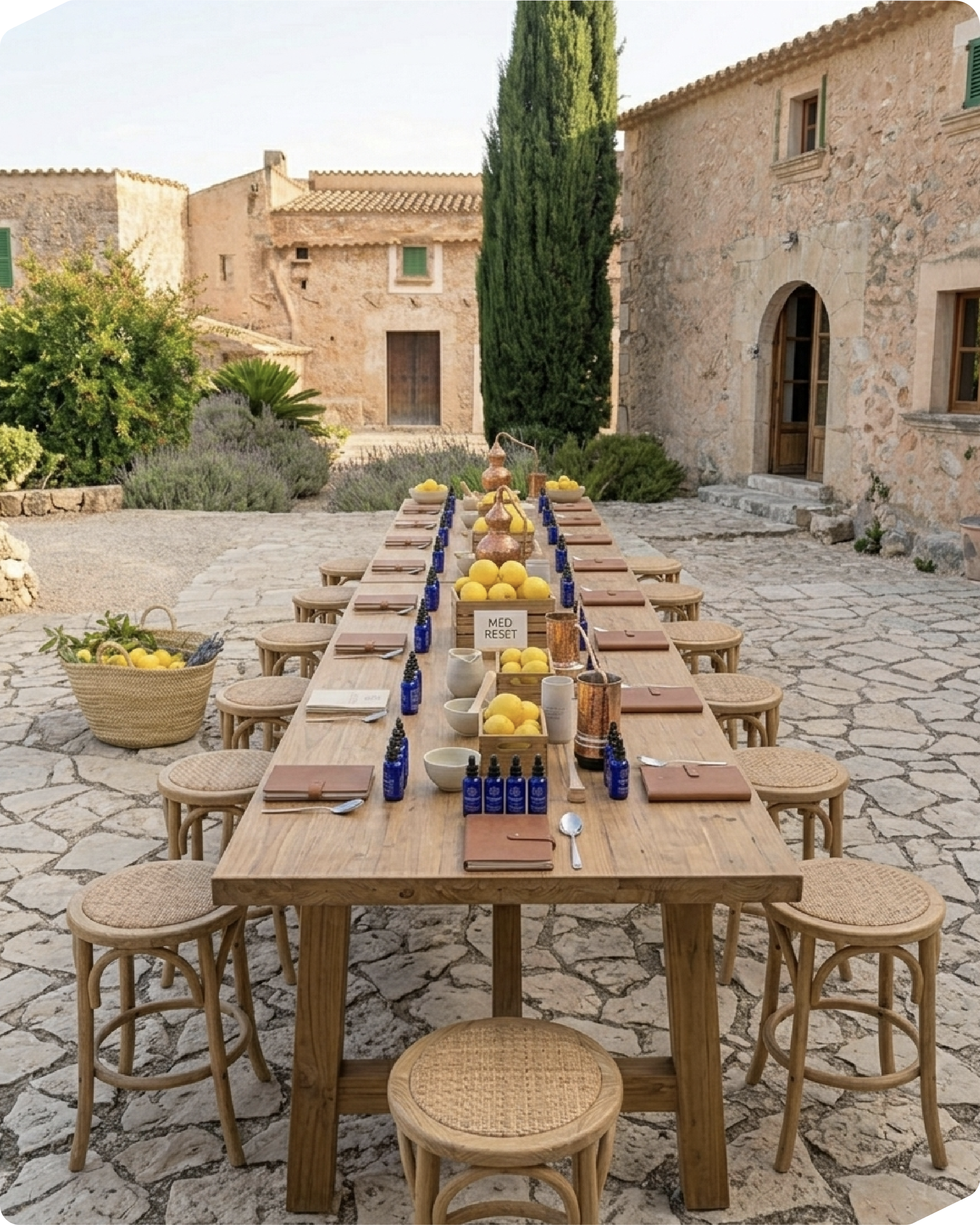 Bespoke brand activation and corporate wellness experience in a traditional Mallorcan possession by Med Reset. Tailored longevity workshops for enterprise teams.